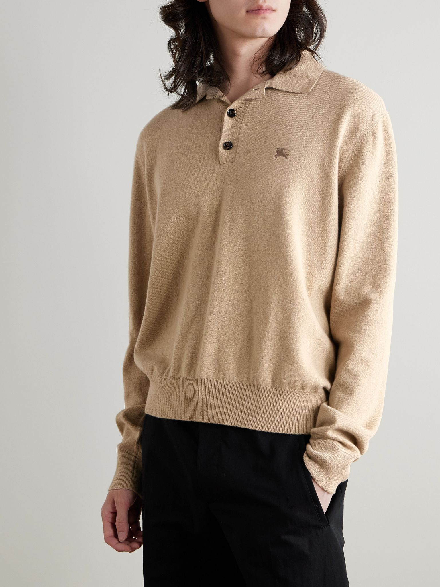Logo-Embroidered Cashmere Polo Shirt Beige - 3