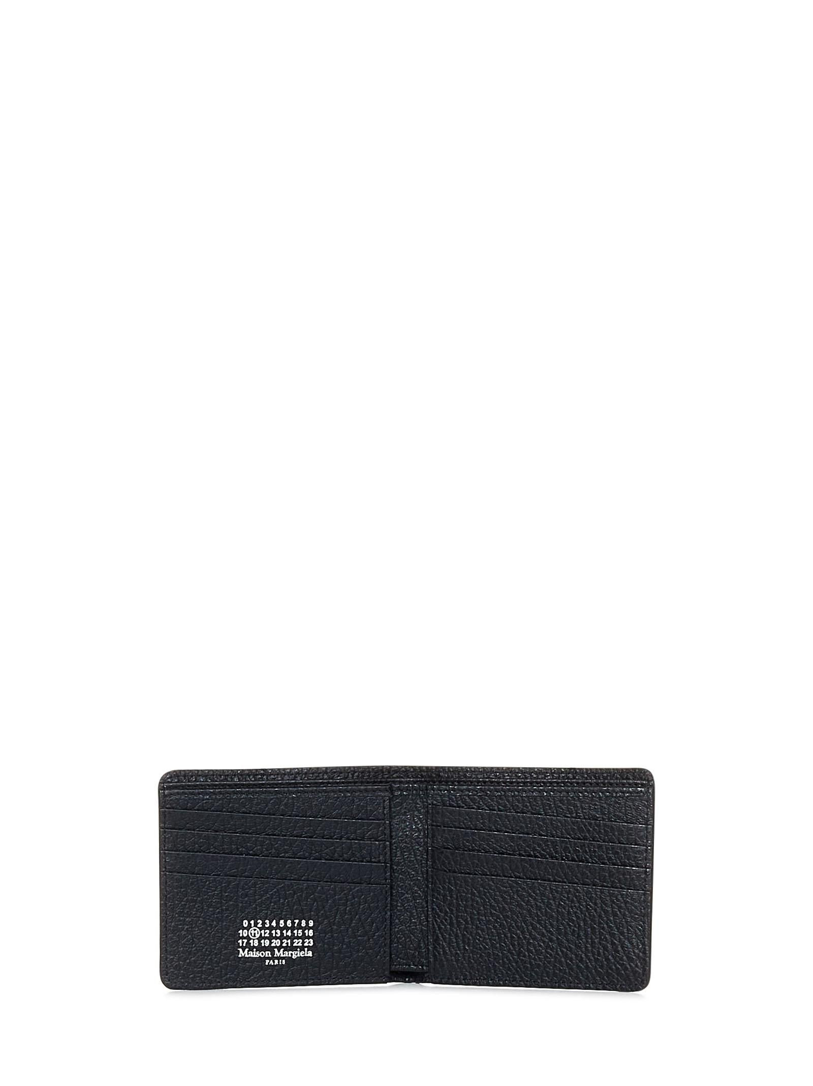 Black grained embossed calf leather bi-fold card holder with Four Stitches at back. - 3