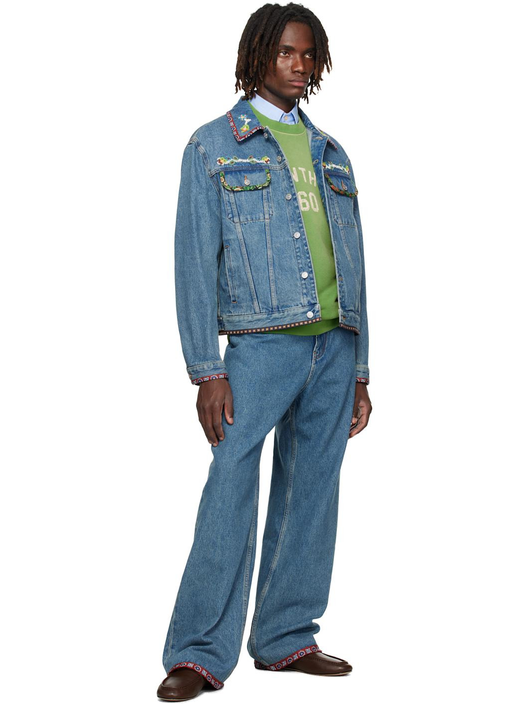 Blue Beaded Embroidery & Printed Edges Denim Jacket - 4
