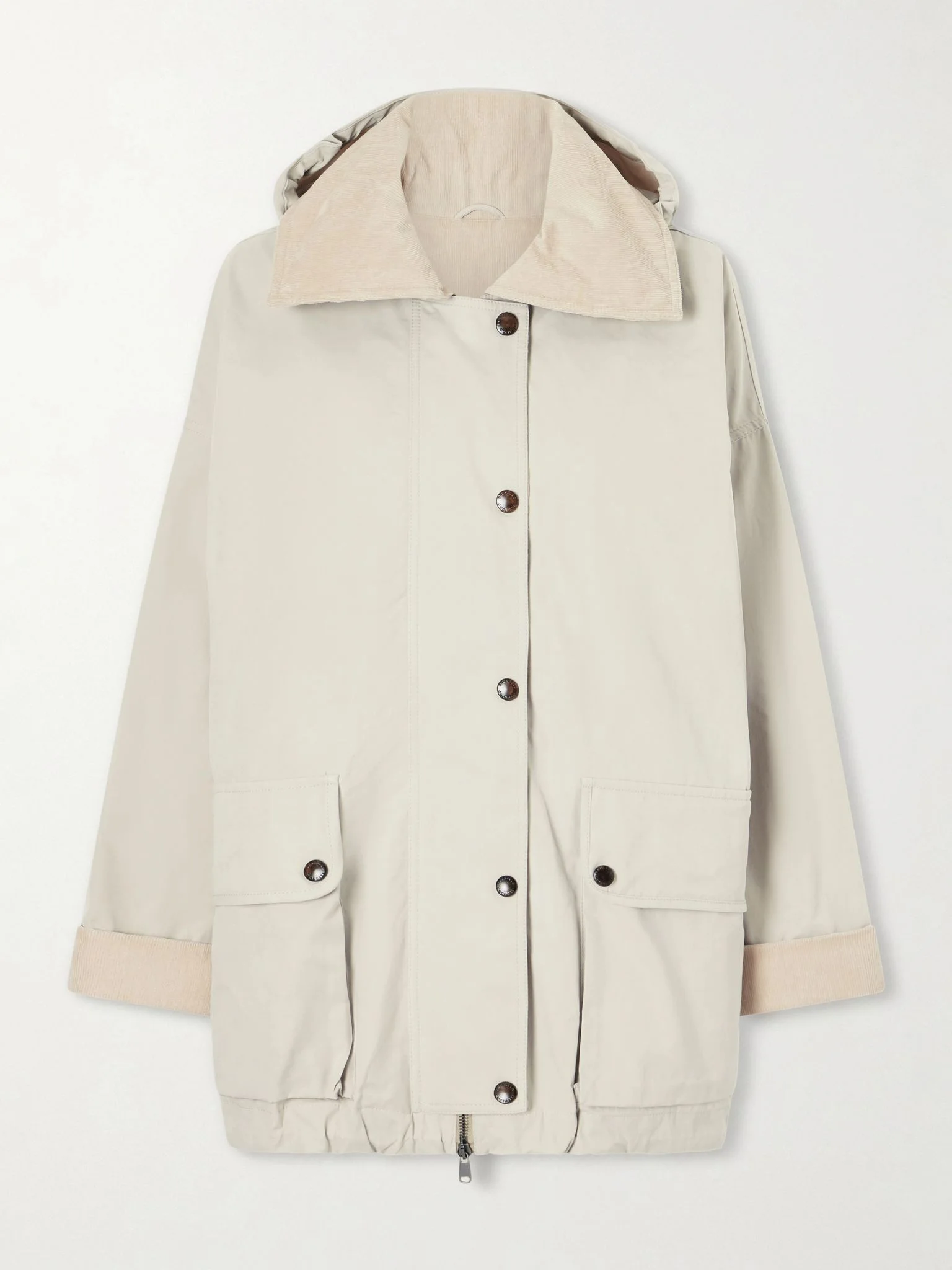 Corduroy-trimmed cotton and linen-blend coat Beige - 1