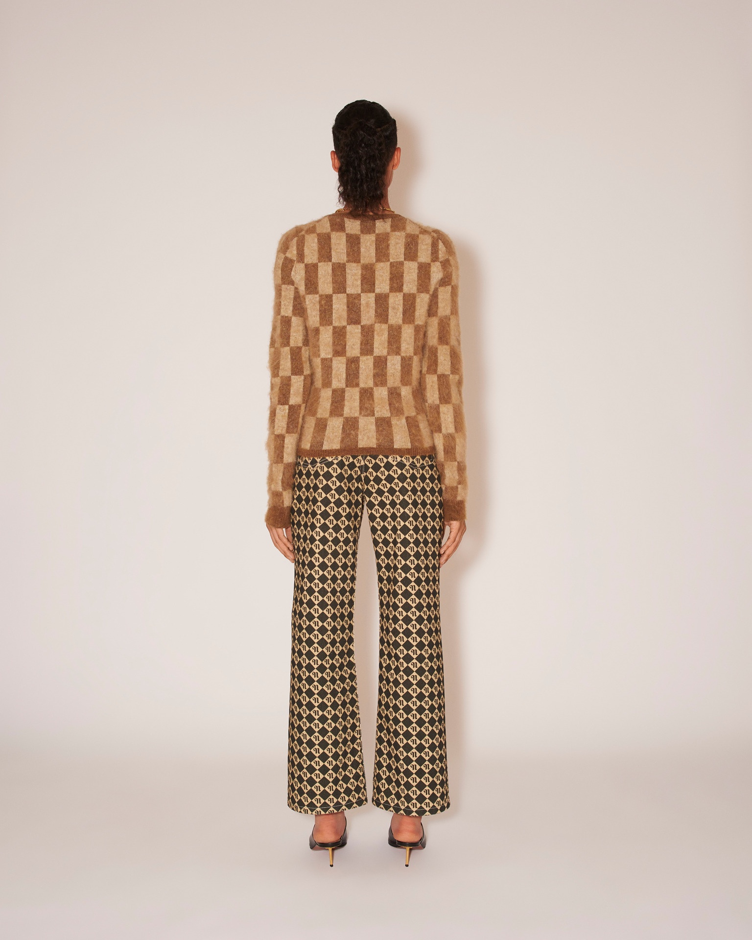 FELINE - Brushed alpaca checkered crew neck sweater - Creme&Brown - 5