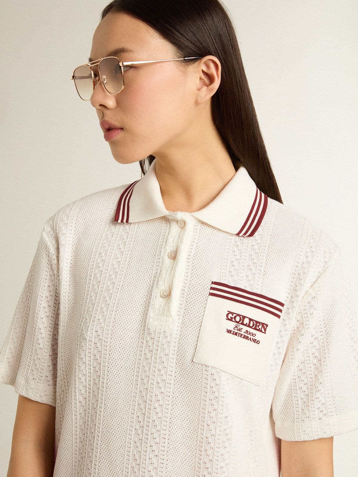 Women's Oasis polo dress in white perforated jersey with burgundy stripes - 5