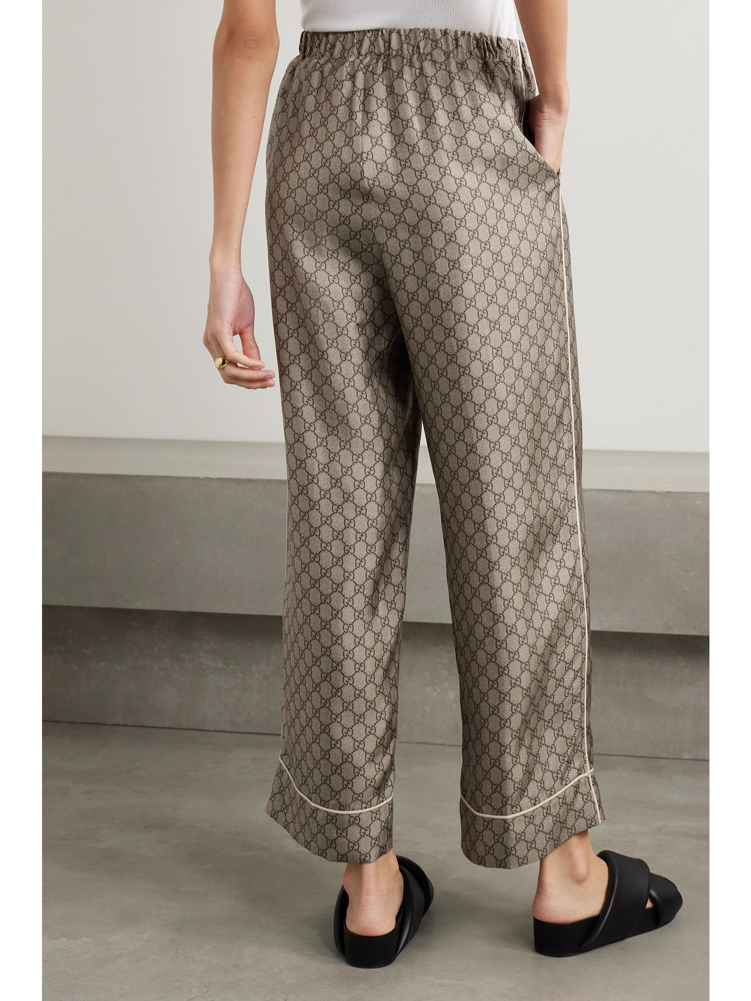 Cropped silk-satin jacquard wide-leg pants Camel - 4