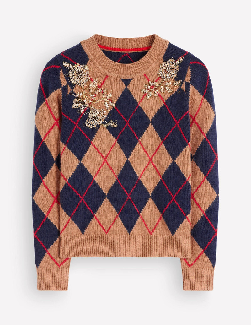 Embellished Jacquard Sweater-Camel Melange Argyle 9