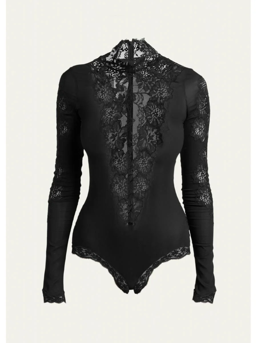 Turtleneck Lace & Jersey Long-Sleeve Bodysuit - 1