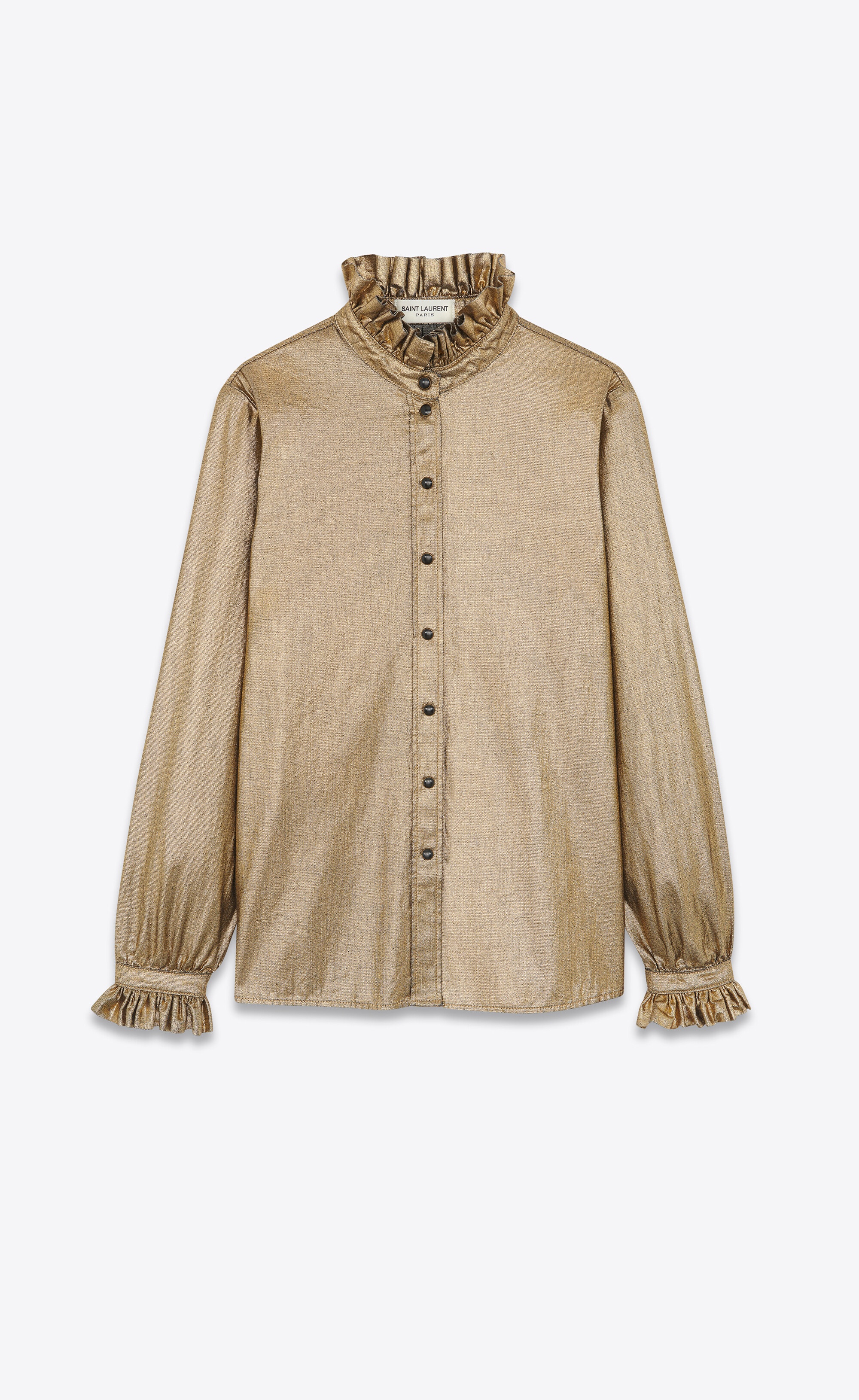 ruffled shirt in laminated gold rinse denim - 1