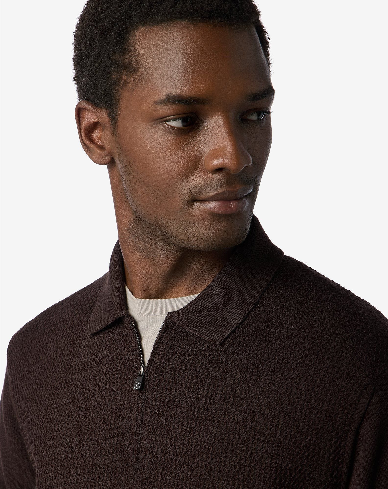Brown zip-up extra fine wool polo shirt - 4