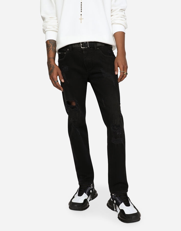 Black skinny stretch jeans with repaired rips - 4
