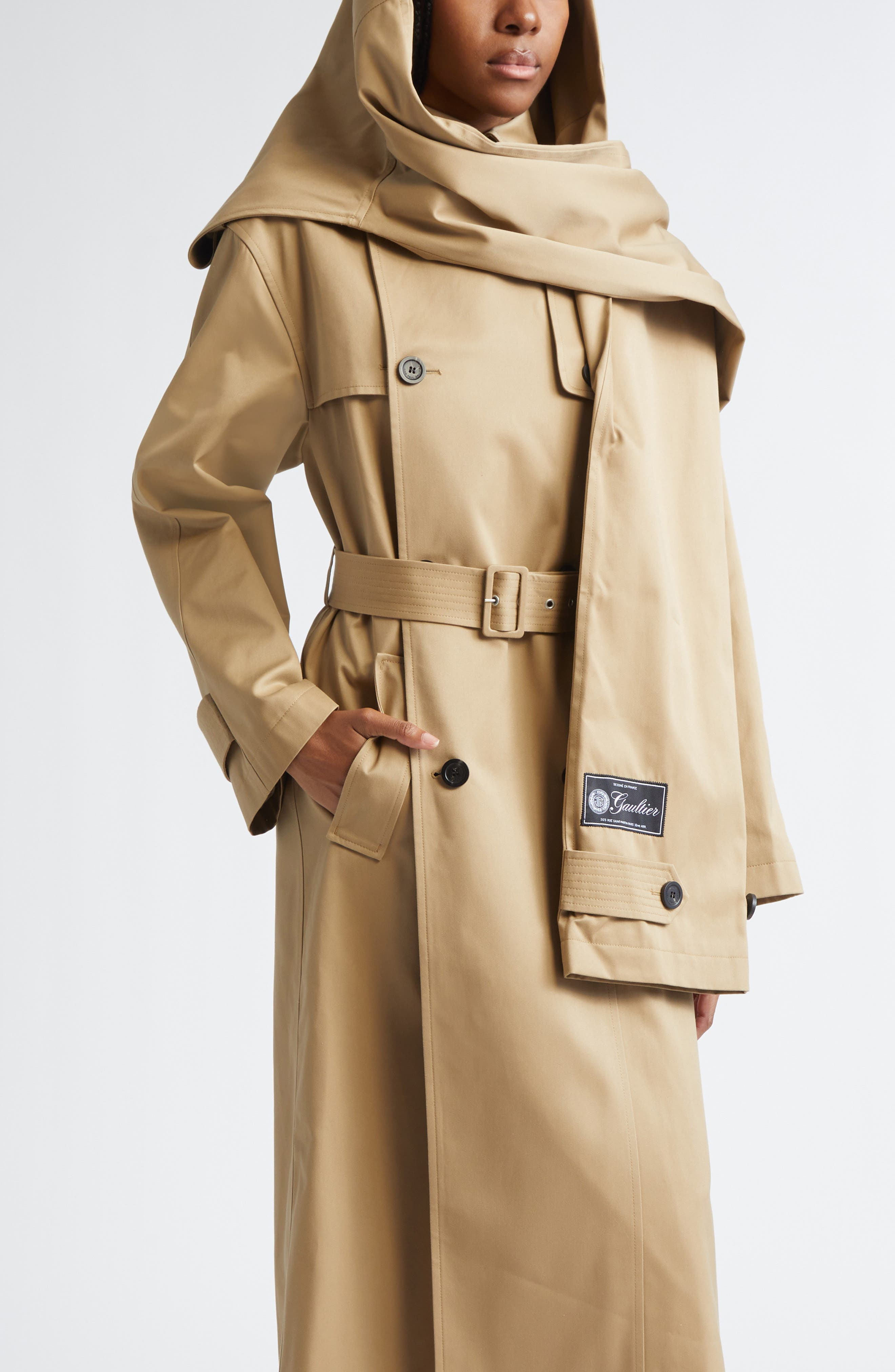 Jean Paul Gaultier Water Repellent Gabardine Hooded Trench in Beige at Nordstrom - 2