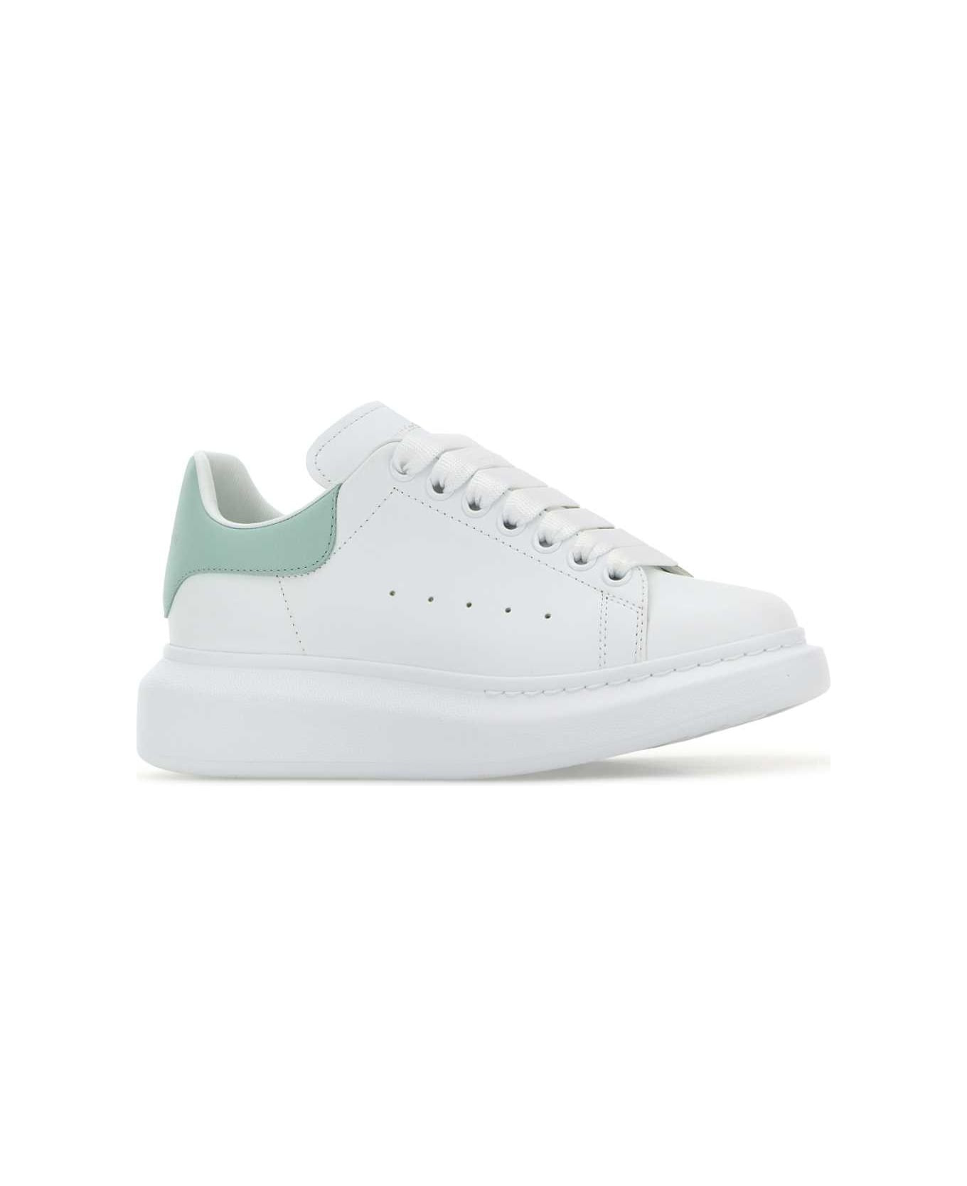 White Leather Sneakers With Sea Green Leather Heel - 2