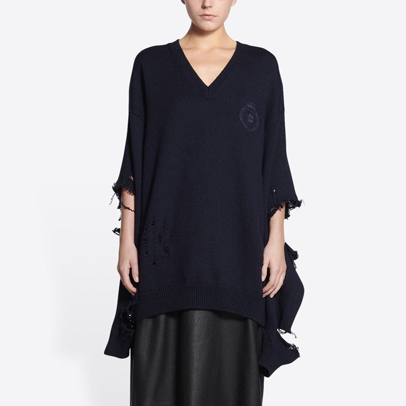Balenciaga Destroyed V-Neck Knit Sweater 'Navy' 696091T16420414 - 4
