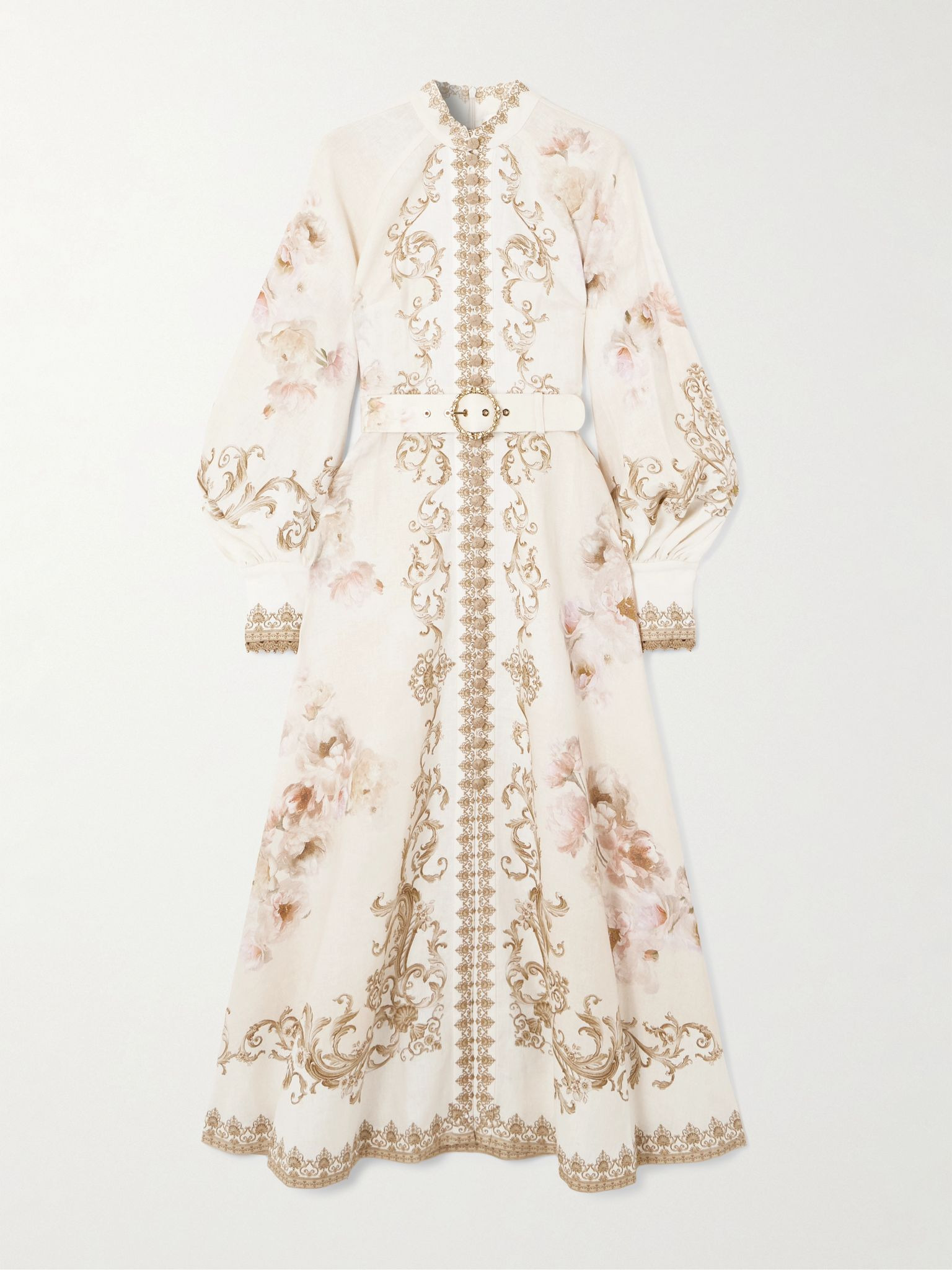 Belted floral-print linen midi dress Cream - 1
