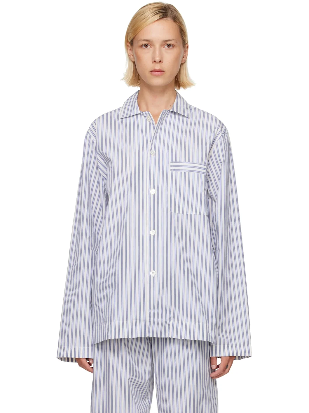 Blue & White Poplin Long-Sleeved Pyjama Shirt - 1