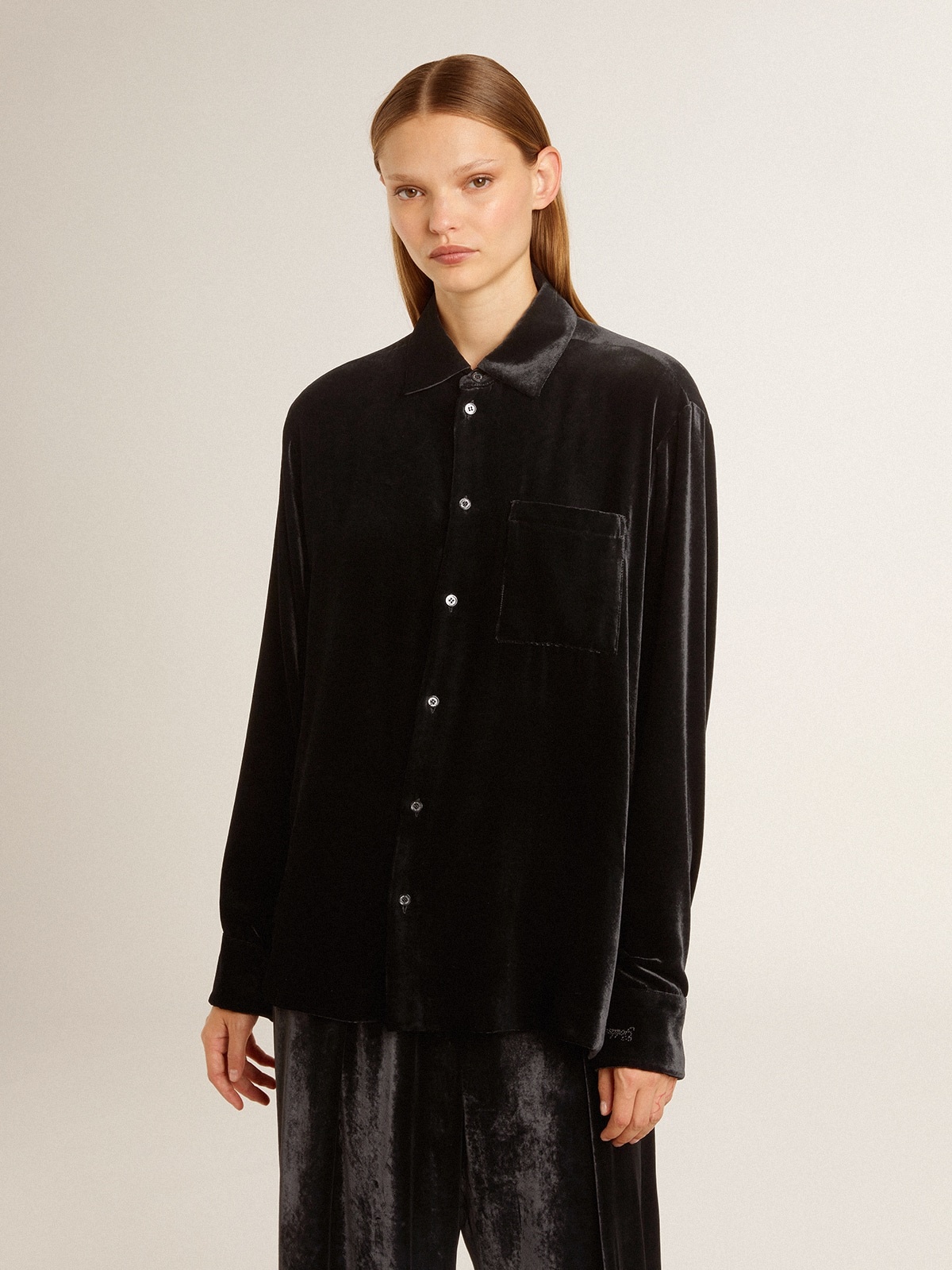 Velvet-effect black shirt with embroidery - 9