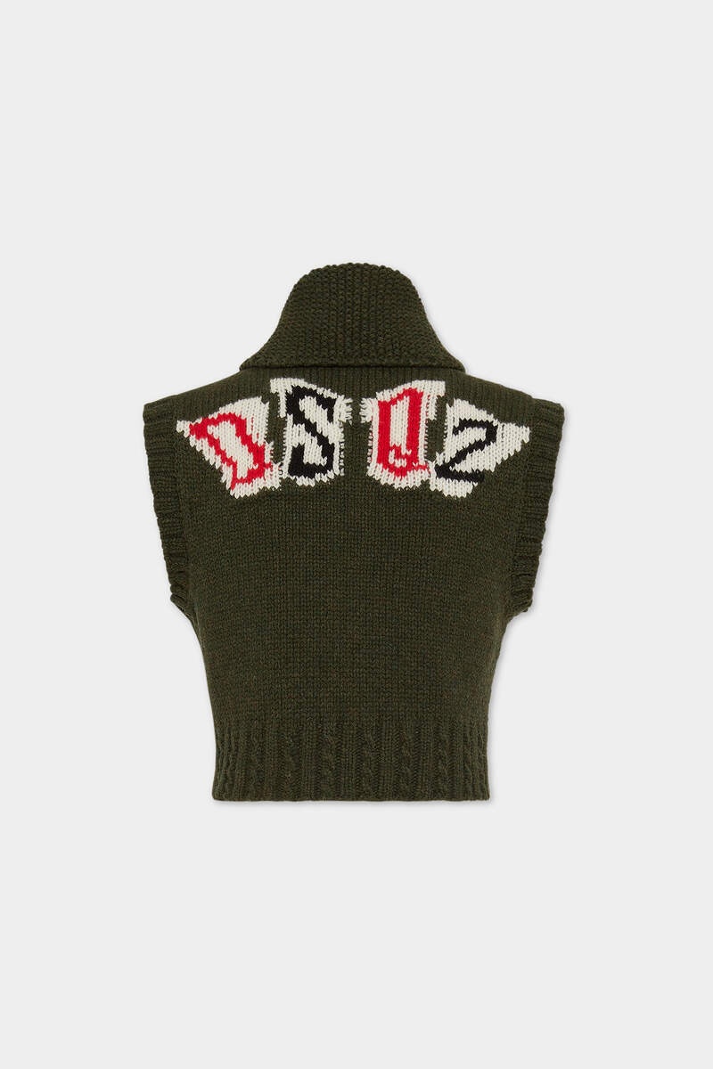 WOOL SHETLAND JACQUARDED POKER CROPPED  KNIT VEST - 2