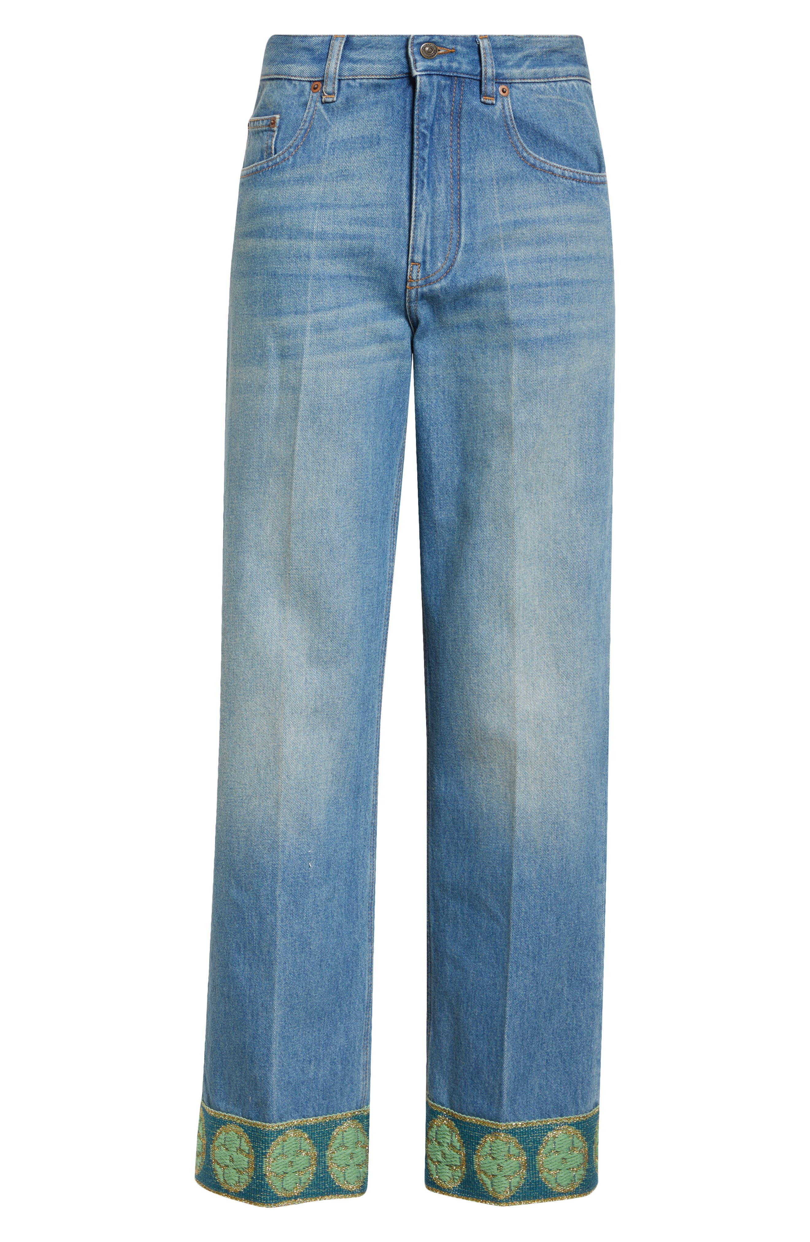 Valentino Garavani Jacquard Trim Straight Leg Jeans in Medium Blue Denim at Nordstrom - 6