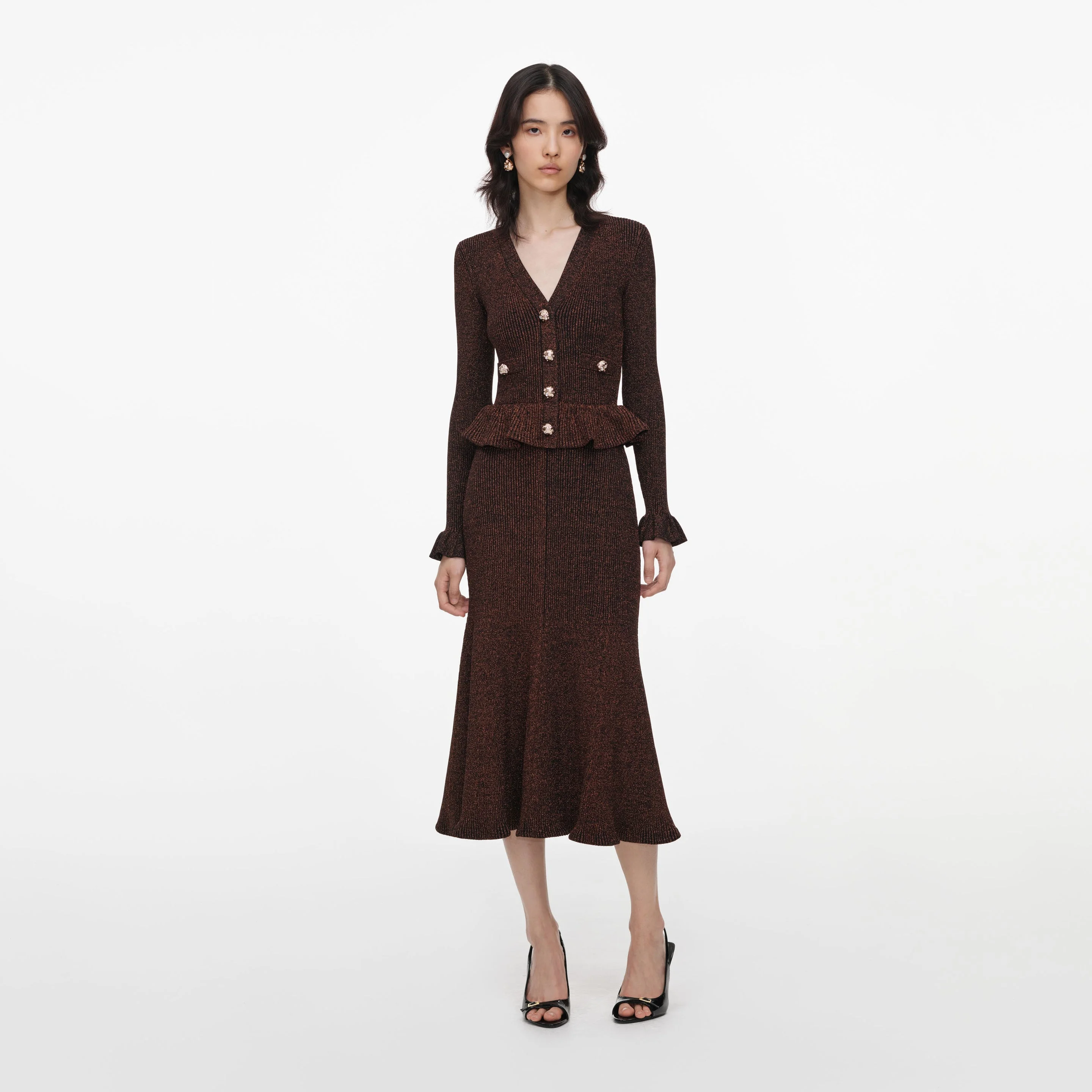 Brown Lurex Peplum Knit Midi Dress - 1