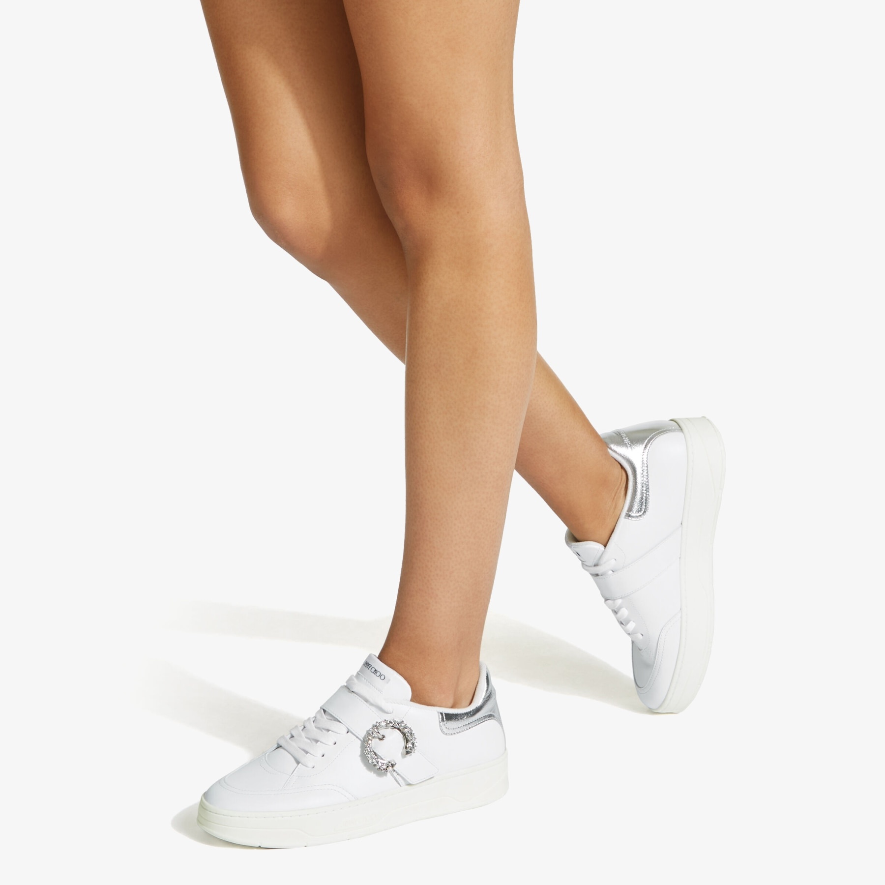 Osaka Lace Up
White Calf Leather and Silver Metallic Nappa Low Top Trainers with Crystal Buckle - 2