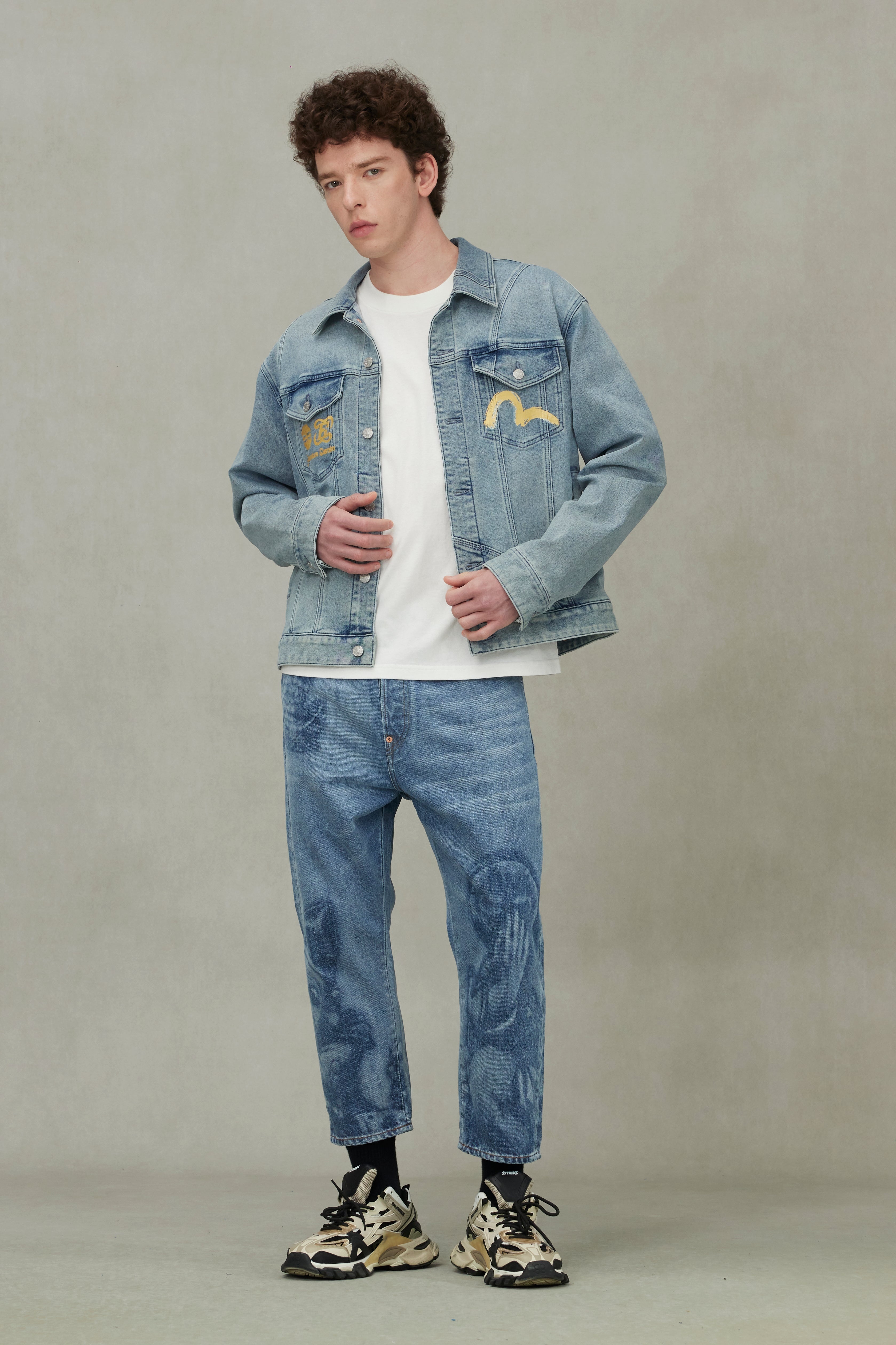 Artistic Brush Daicock Print Relax Fit Denim Jacket - 3
