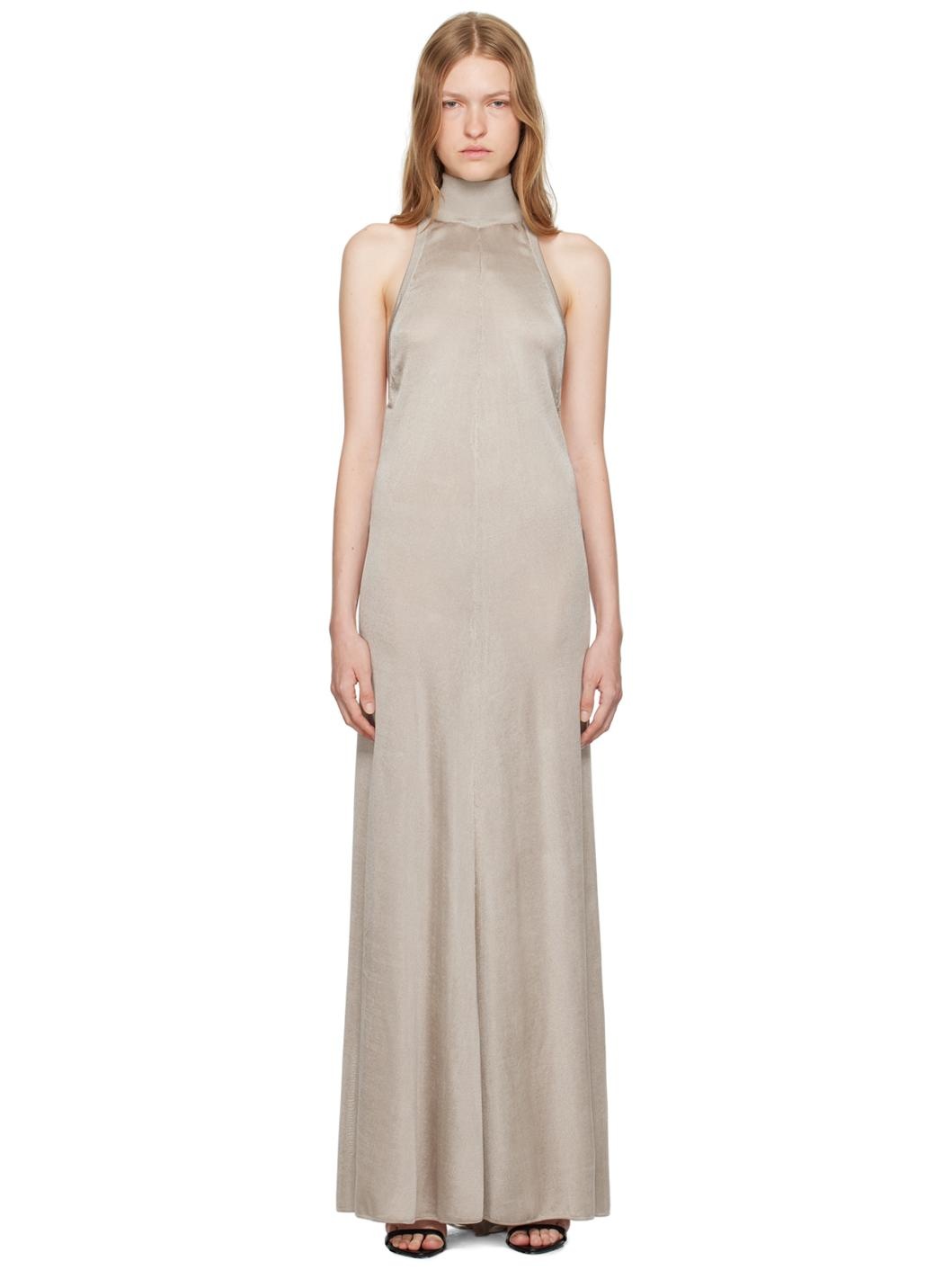 Taupe Halterneck Knit Evening Maxi Dress - 1