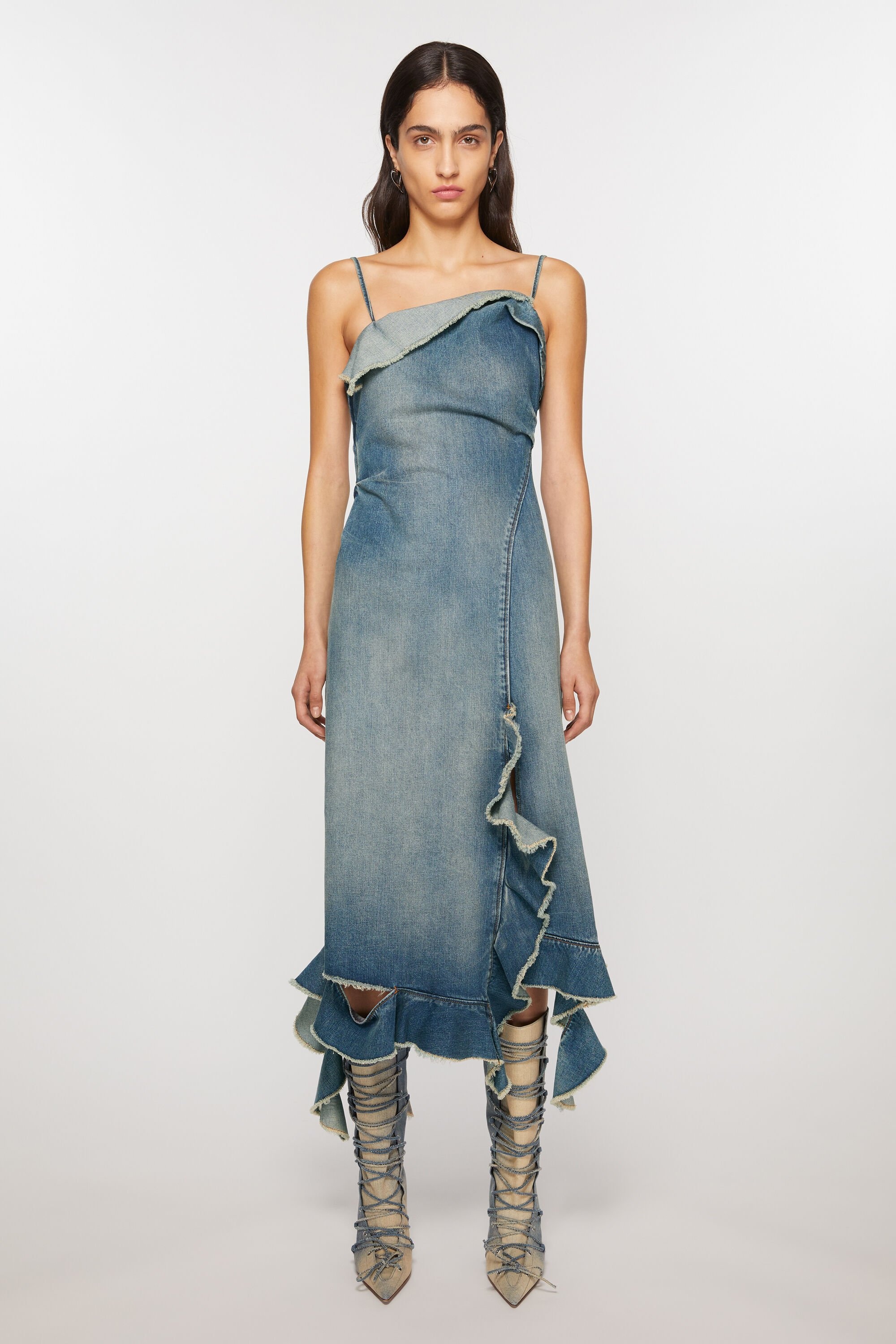 Ruffle strap denim dress - Mid Blue - 2