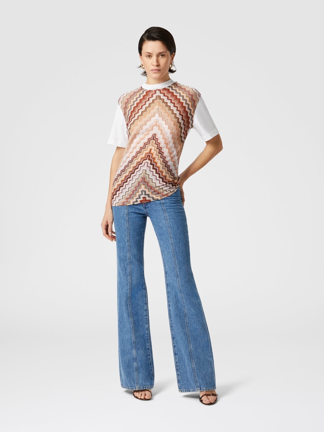 Crewneck T-shirt with lamé zig zag knit insert - 2