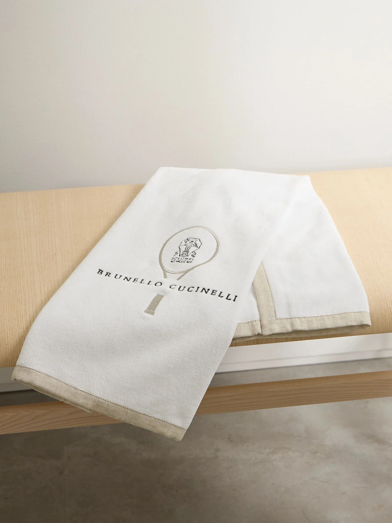 Linen-trimmed embroidered cotton-terry towel White - 1