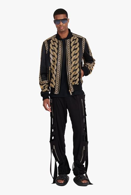 Black silk bomber jacket with gold-tone chain embroidery - 2