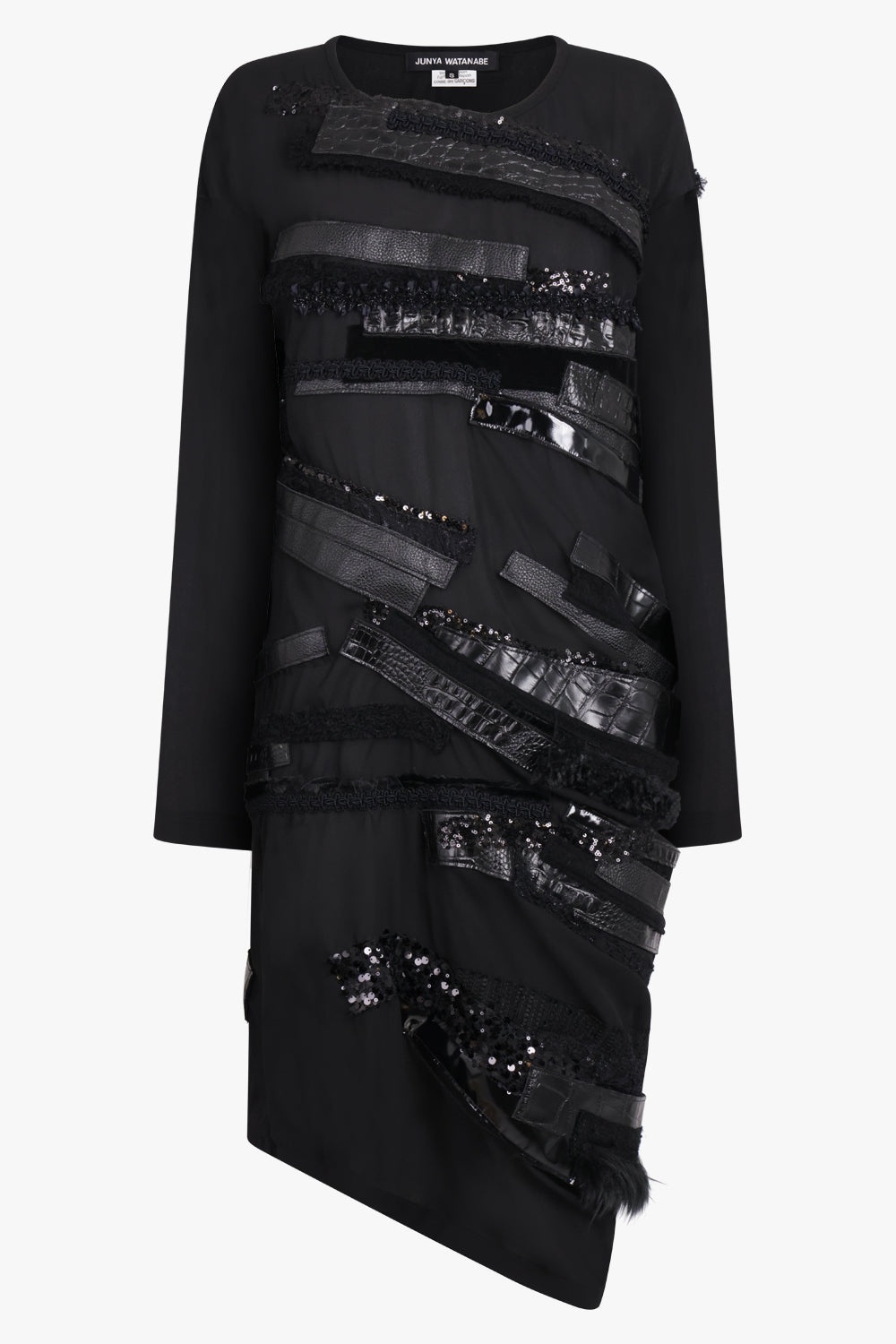 ASYMMETRIC L/S MIDI DRESS WITH LEATHER X SEQUIN PANELS | BLACK - 1