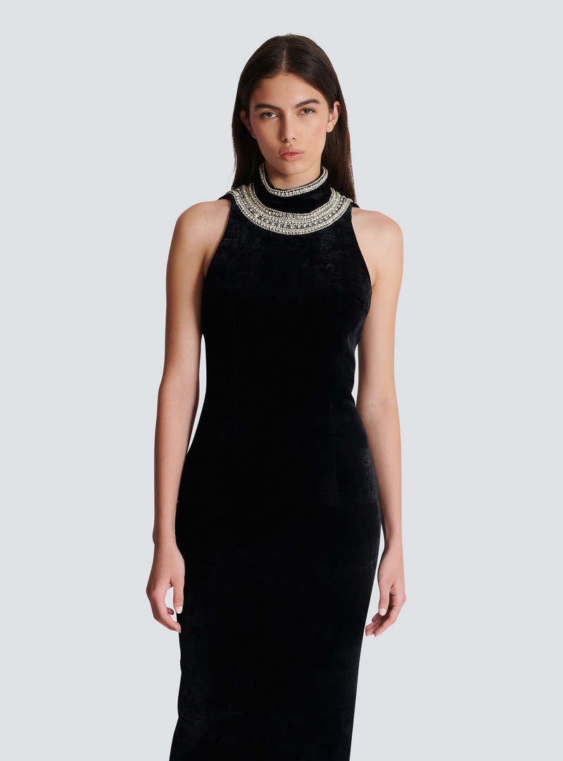 Balmain Embroidered velvet halterneck dress - DF1RP437PC50EAW | REVERSIBLE