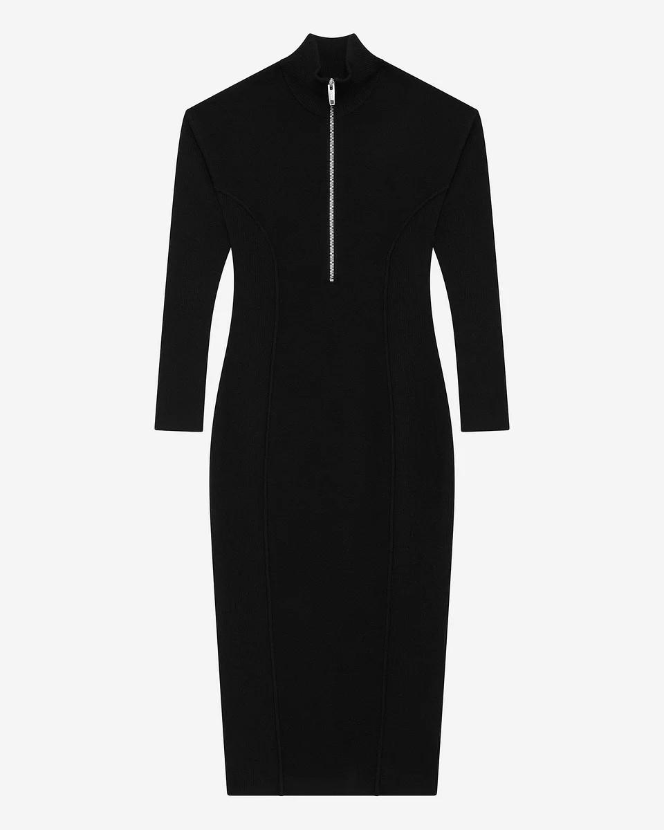 LONG BLACK WOOL-BLEND DRESS WITH ZIPPED COLLAR - 1