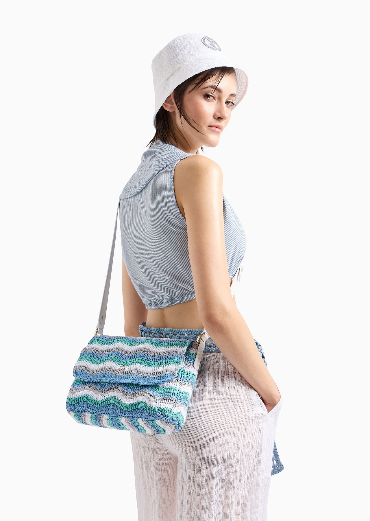 La Prima Soft small baguette bag in woven fabric and leather - 8