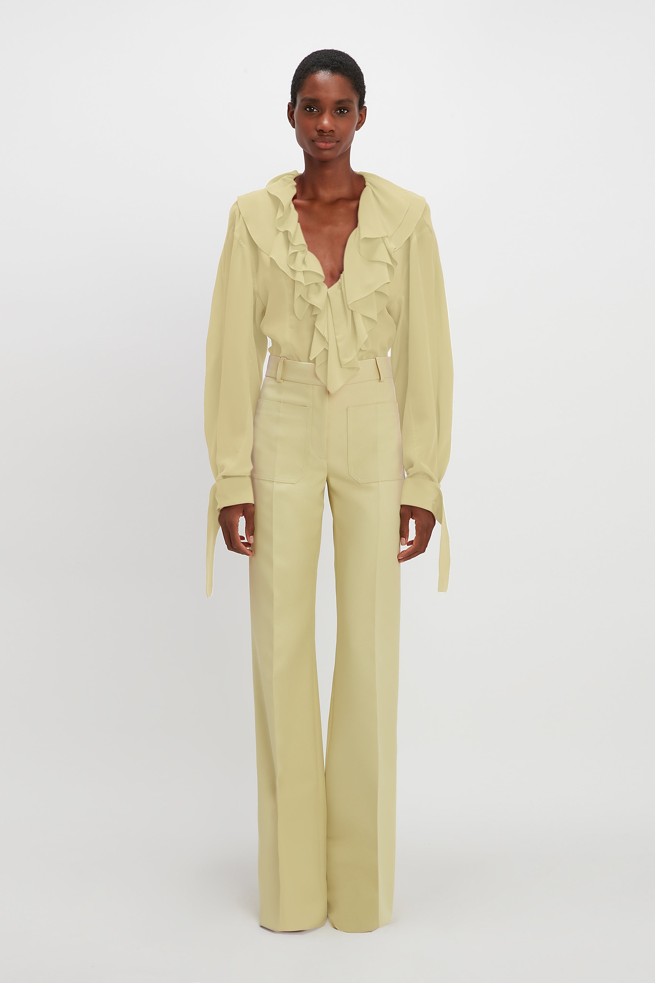 Deep V Ruffled Blouse in Lemon - 2