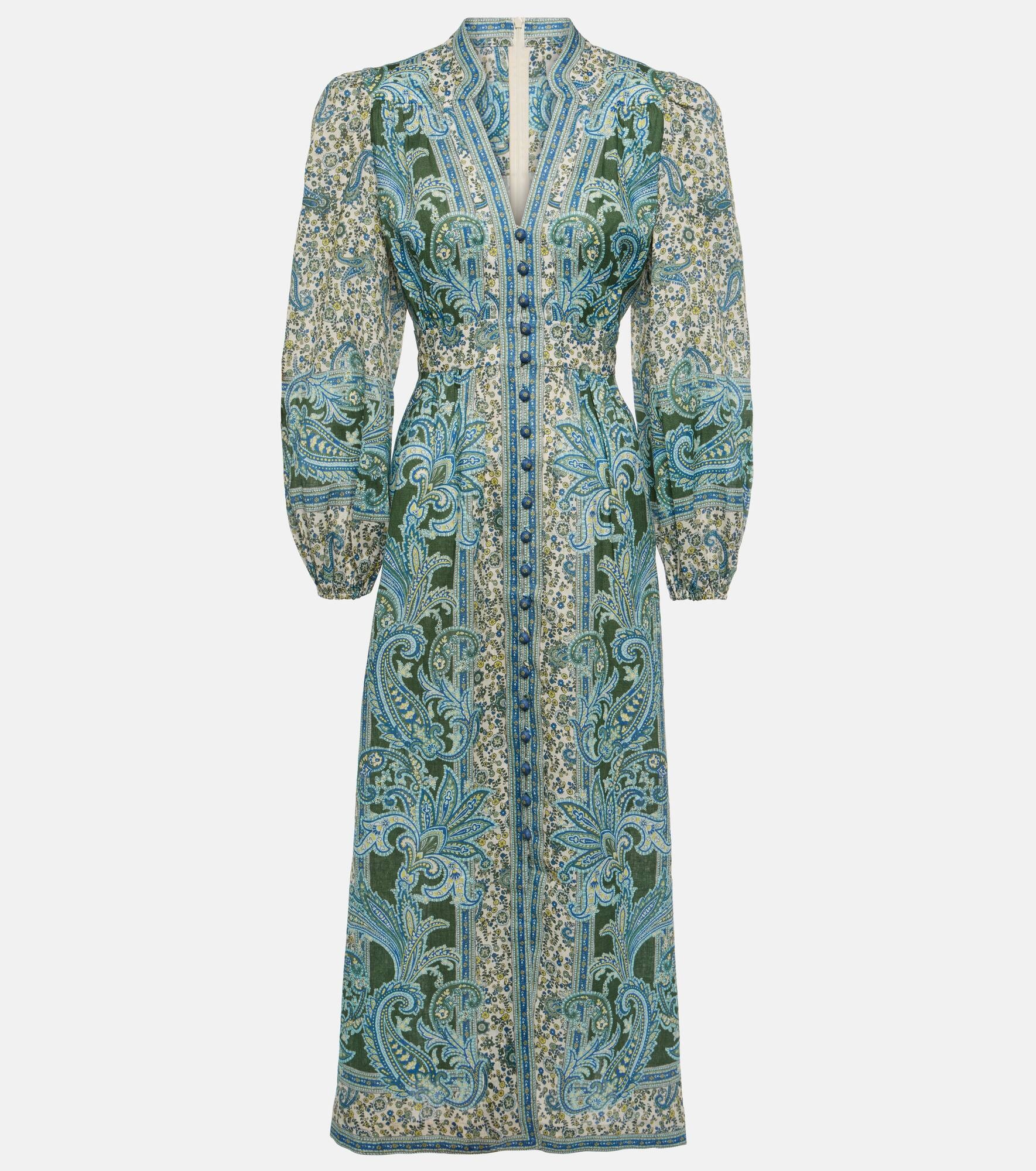 Zimmermann Ottie Plunge paisley linen midi dress | mytheresa