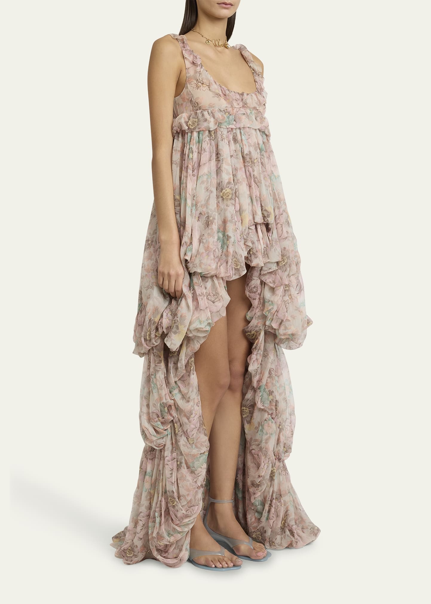 Floral Ruffle Tiered High-Low Balloon Babydoll Dress - 4