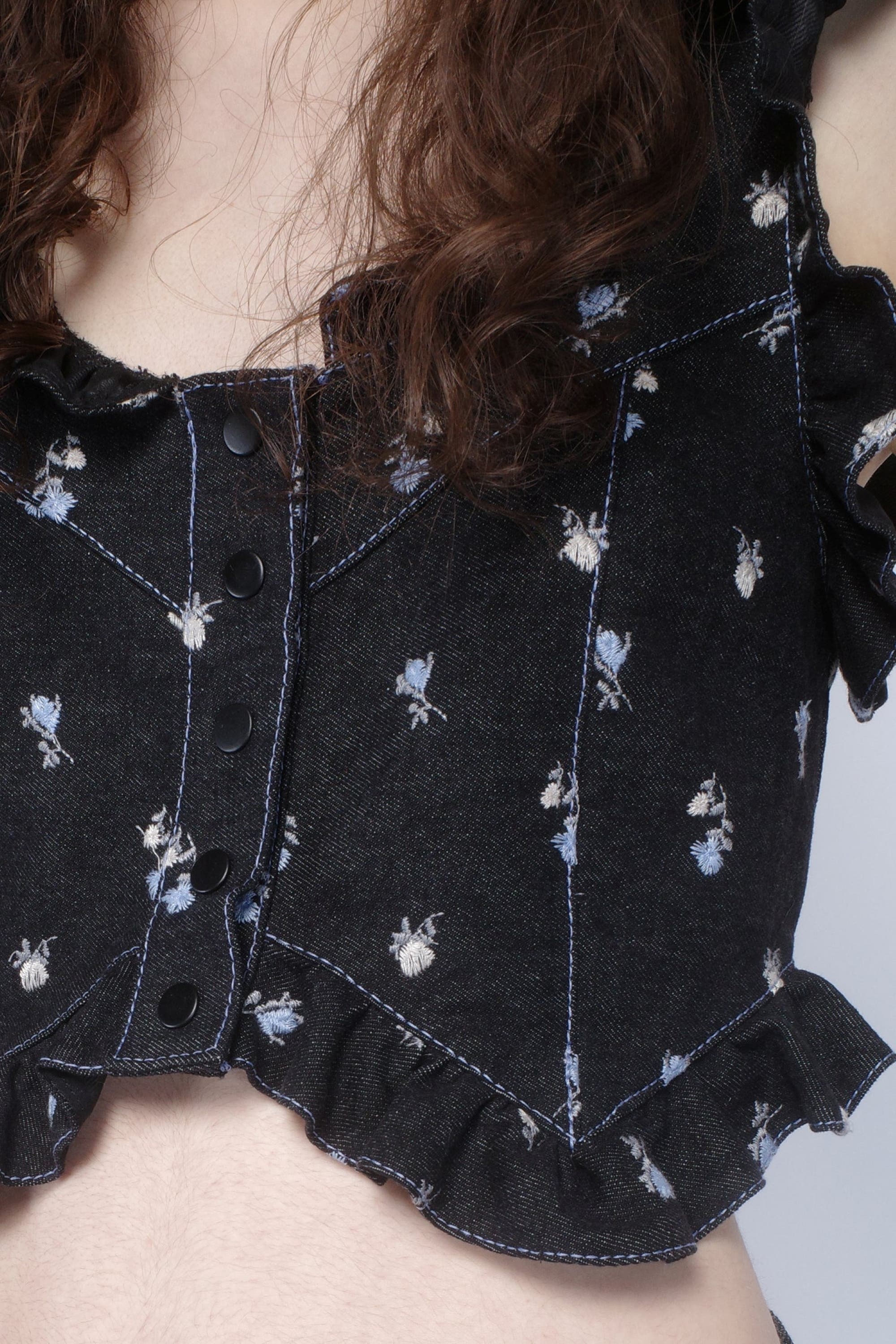 Anna Sui Denim Embroidered Roses Cropped Vest in Black Multi at Nordstrom - 4