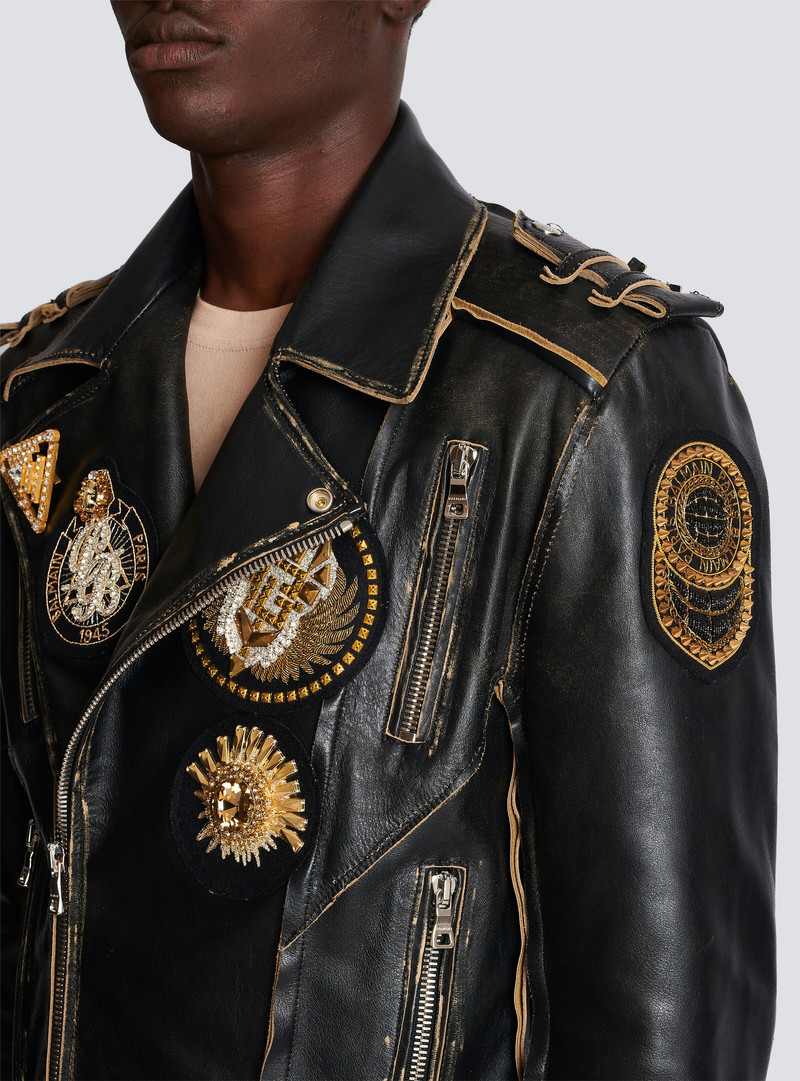 Leather biker jacket with embroidered badges 7