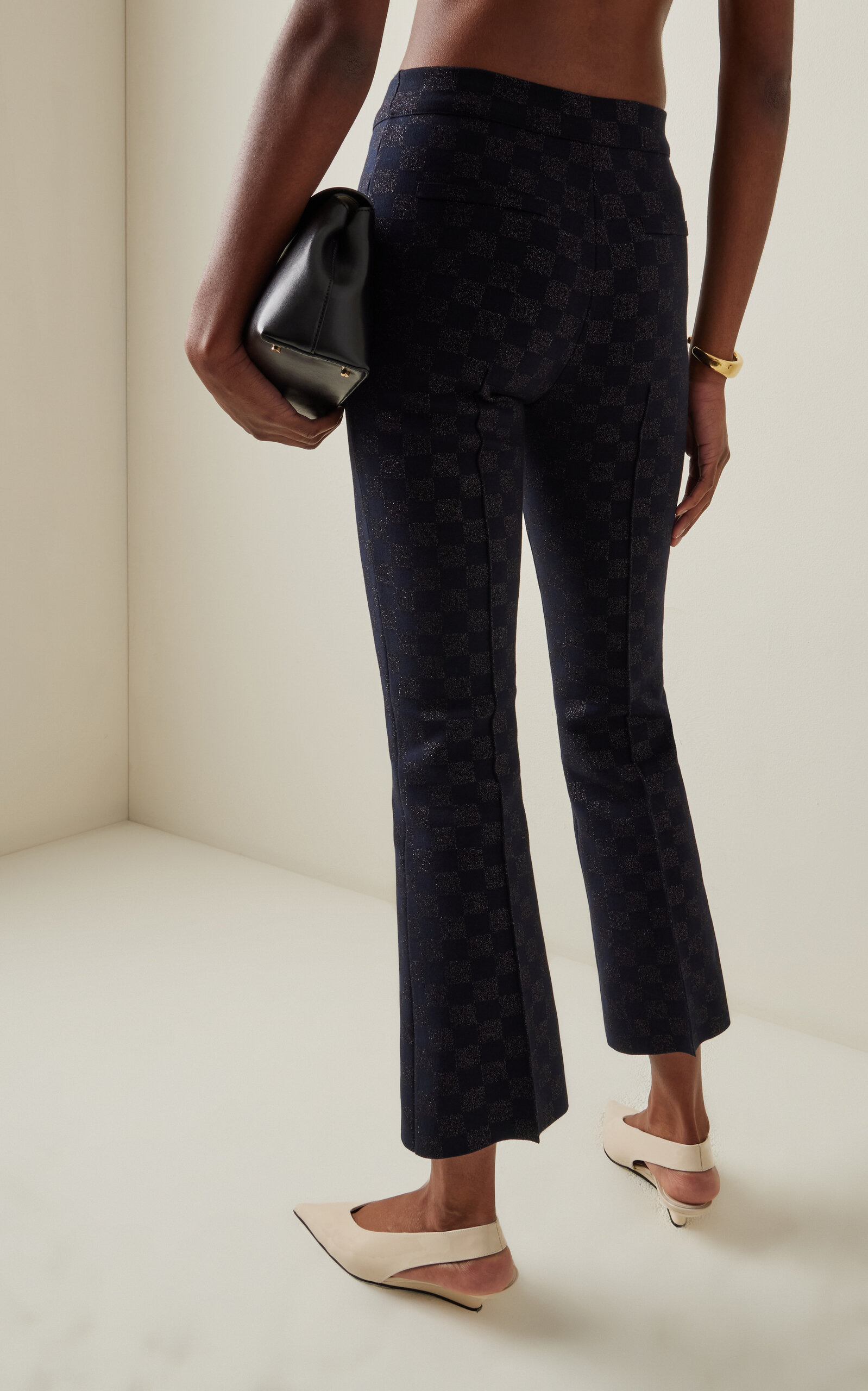 Exclusive Kick Checked Stretch-Cotton Knit Cropped Flared Pants navy - 4