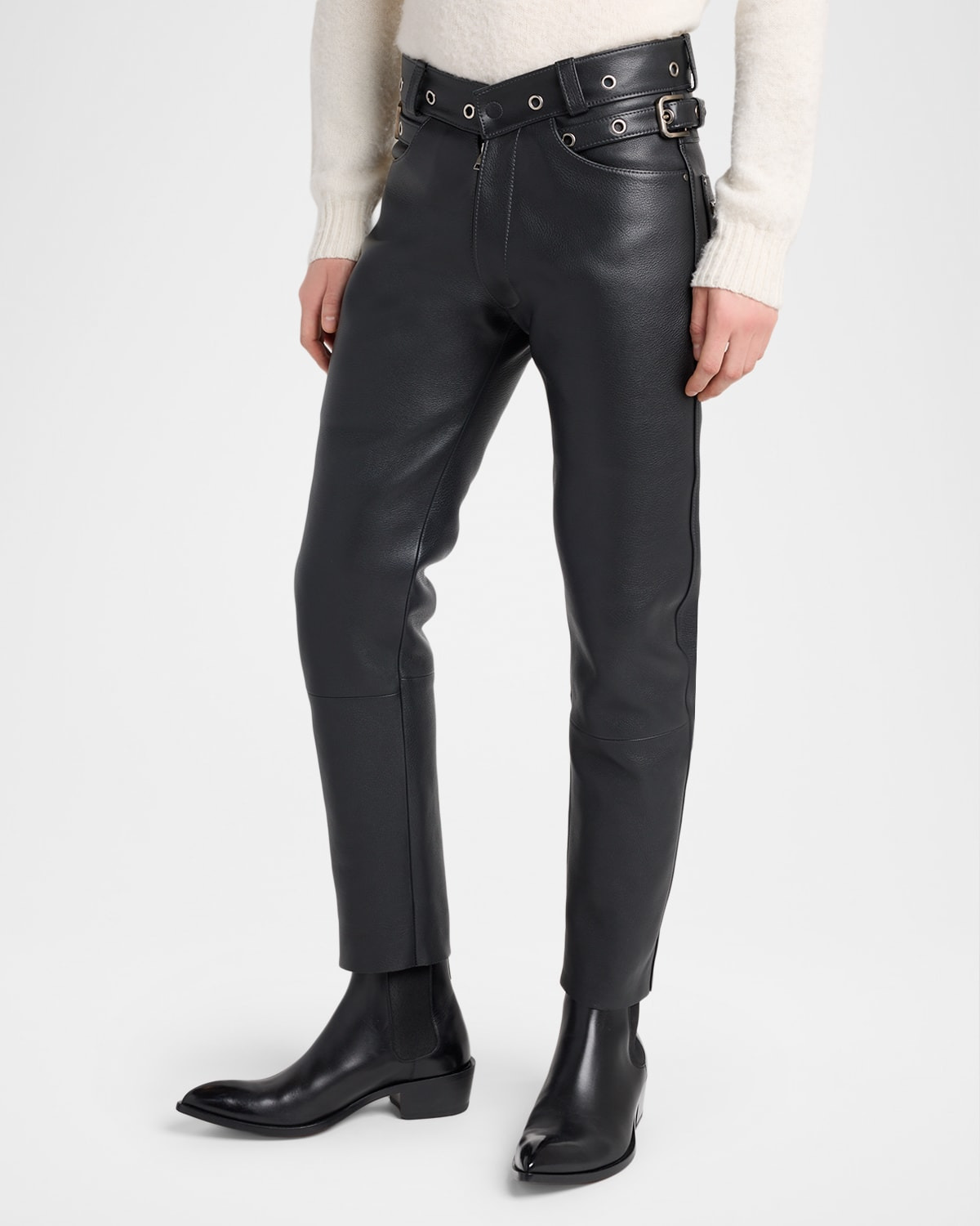 Men's Slim Fit Grained Leather Biker Pants - 4