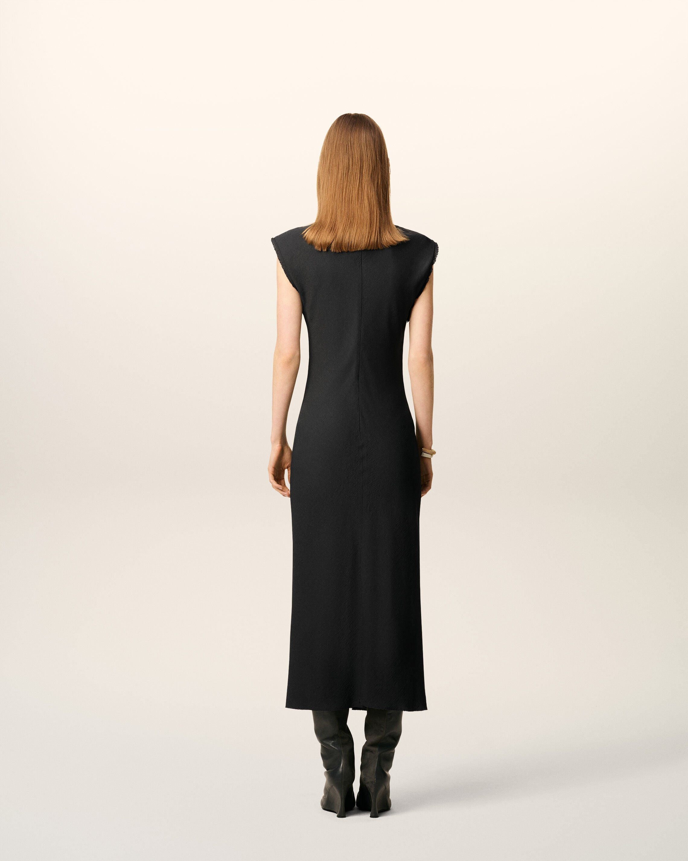 BLACK LONG  RAW EDGE DETAILS DRESS - 5