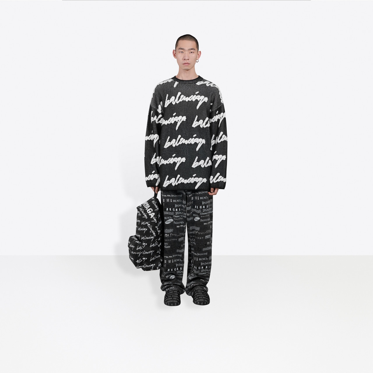 Crewneck in black and white 3D Scribble cotton knit - 3