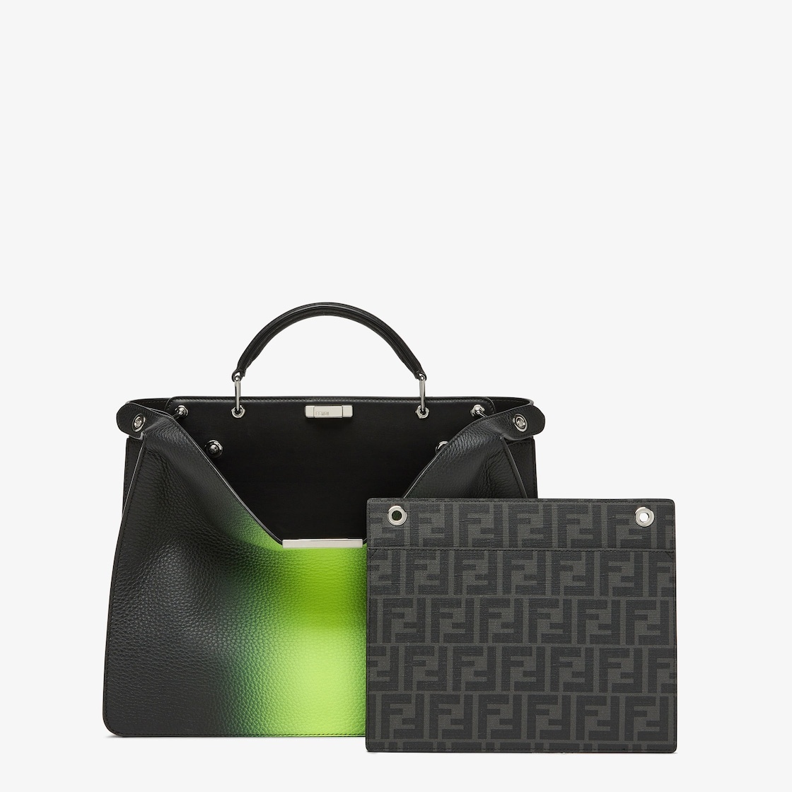 Medium Peekaboo ISeeU bag made of black Cuoio Romano leather with neon yellow gradient shading. The  - 3