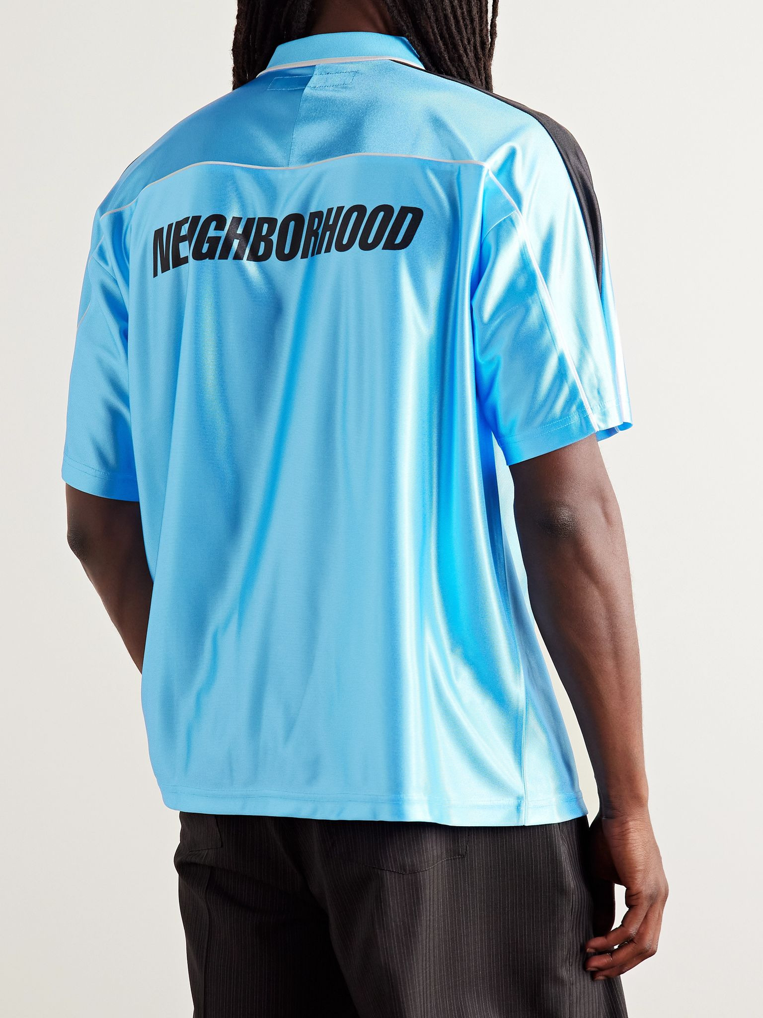 Game Appliquéd Logo-Print Striped Satin Polo Shirt Blue - 3