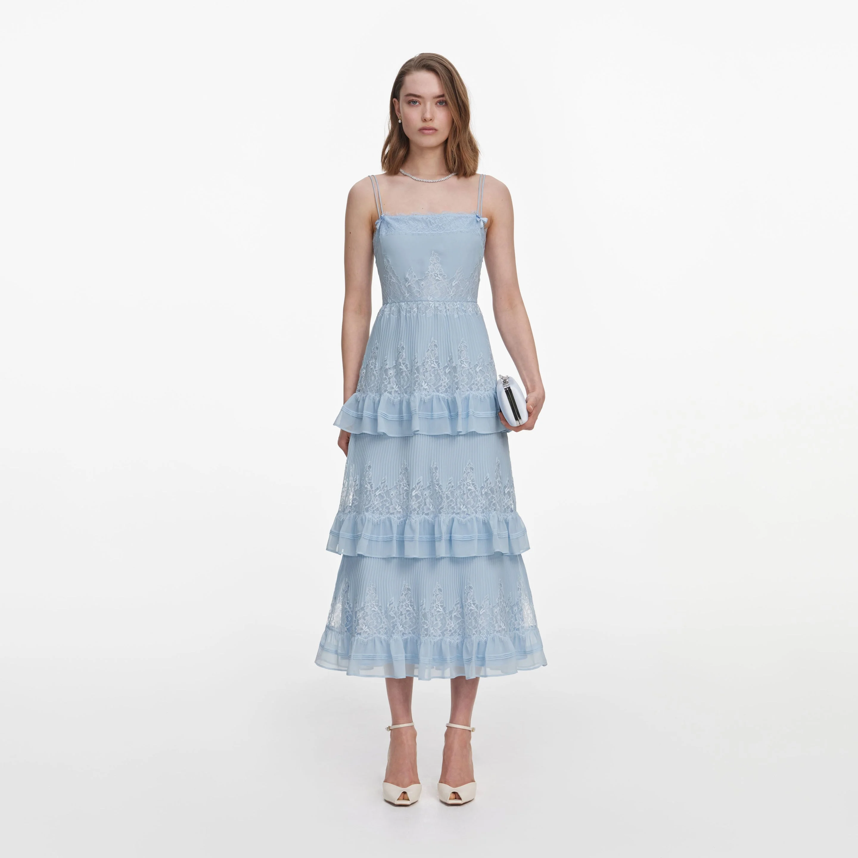 Blue Chiffon Lace Tiered Midi Dress - 1