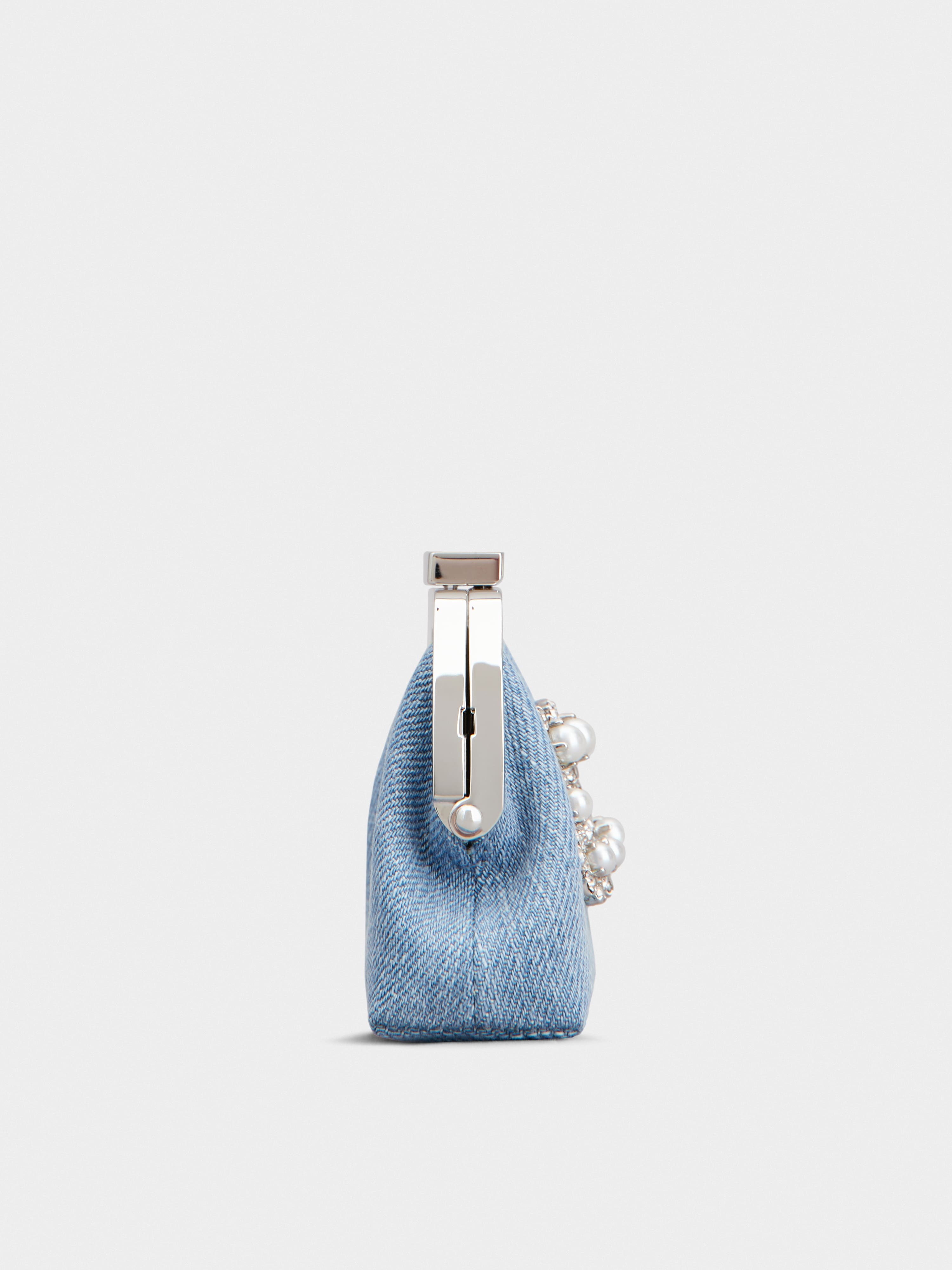 Flower Strass Pearl Buckle Coin Purse in Denim - 3