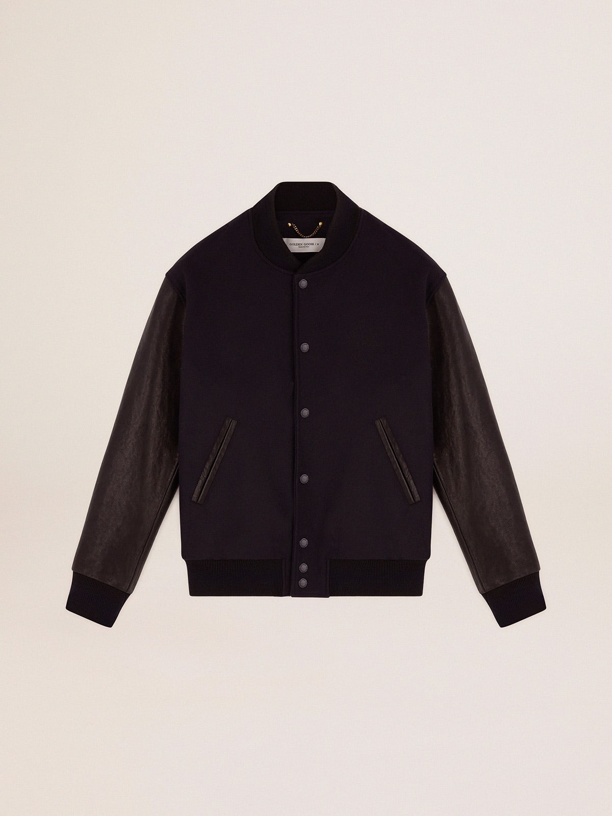 Men's bomber jacket in dark blue wool with leather sleeves - 1