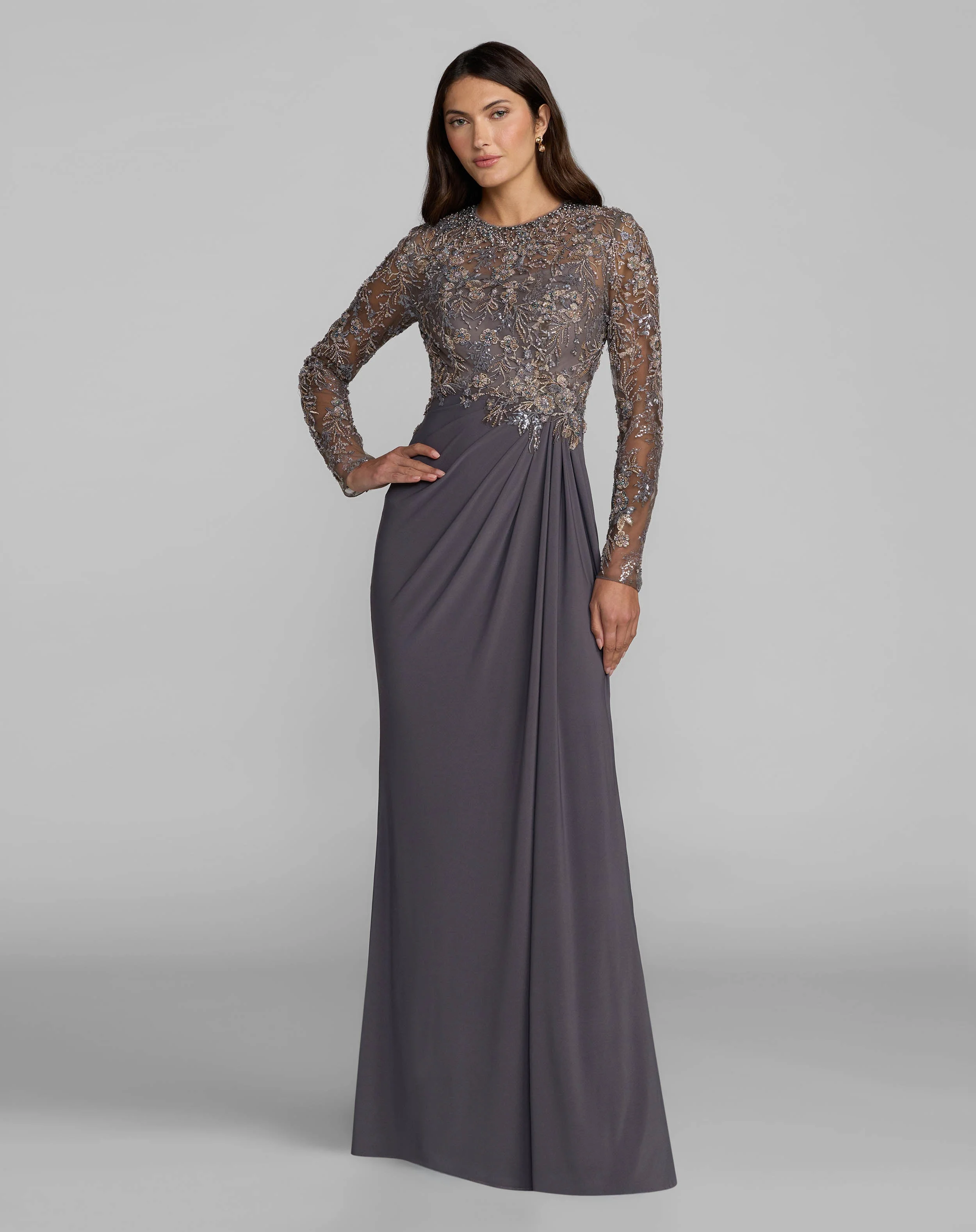 Charcoal Embroidered Long Sleeve Jersey Gown - 1
