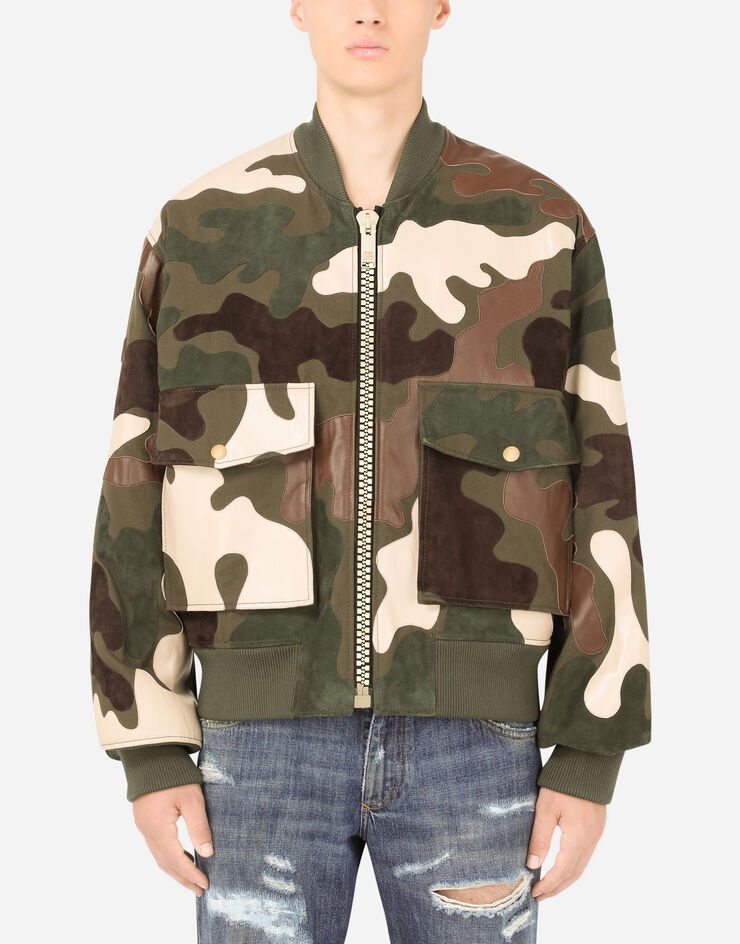 Leather and cotton jacket with camouflage intarsia - 1