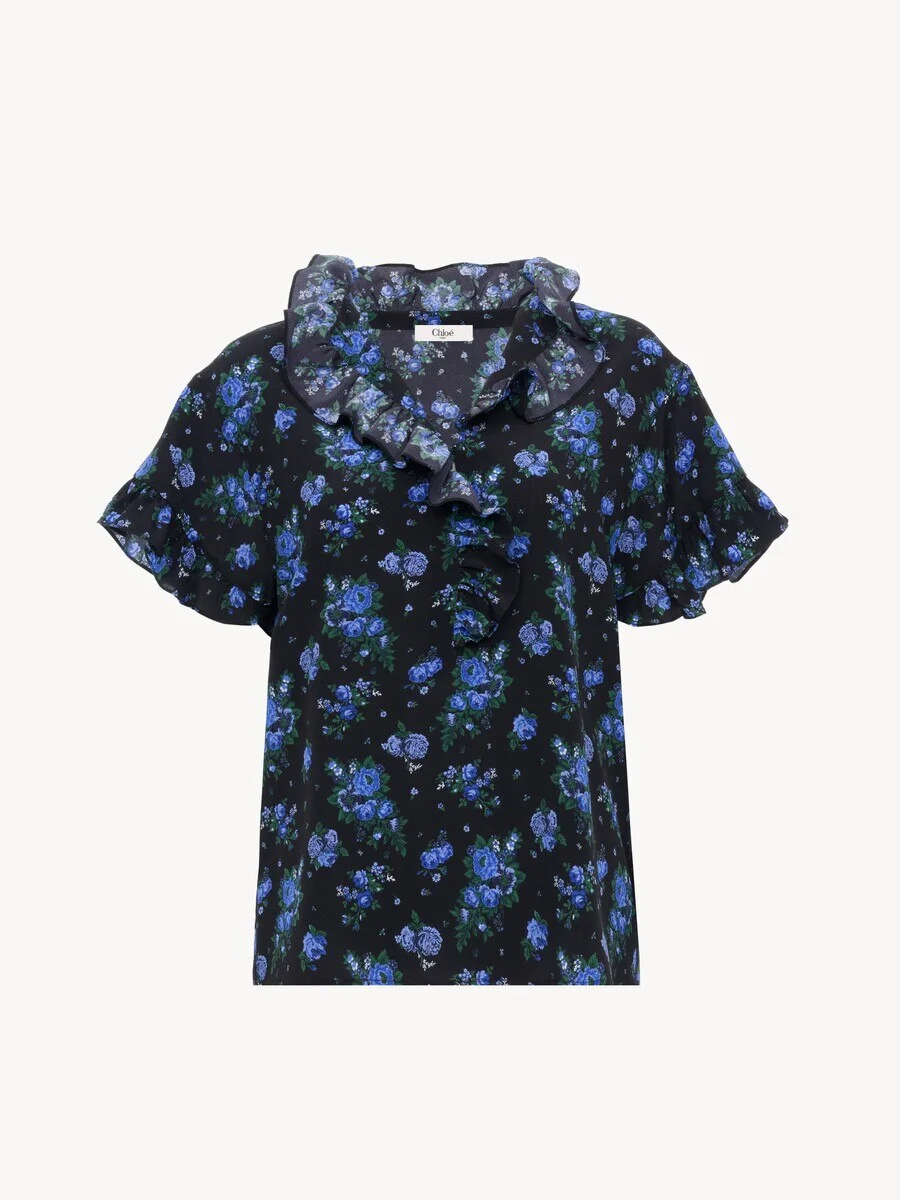 SHORT-SLEEVE RUFFLED TOP IN CRÊPE DE CHINE - 1
