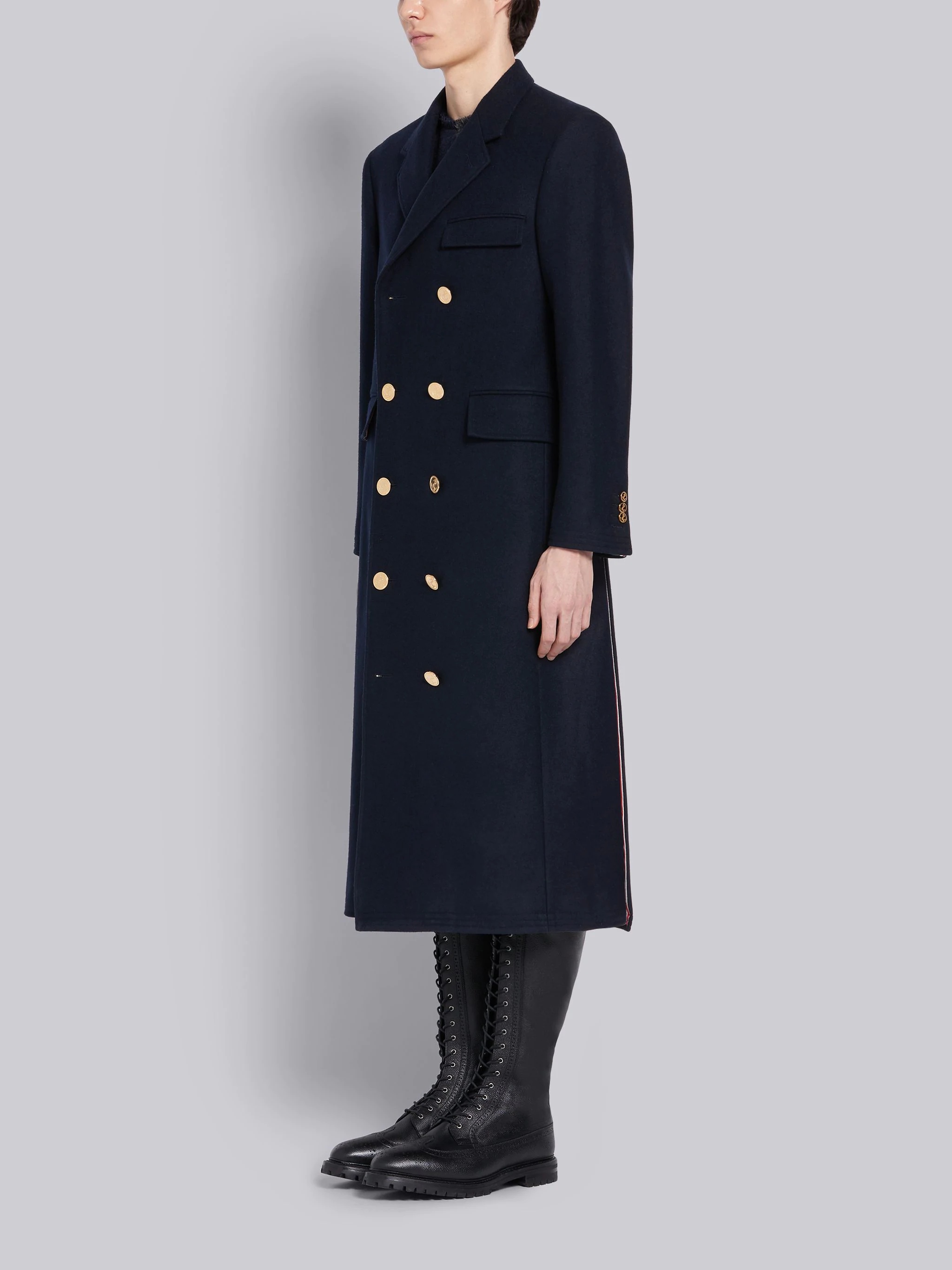 Navy Melton Wool Long Chesterfield Overcoat - 3